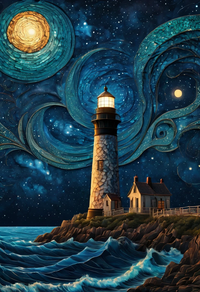 Magical starry cracked sky. zentangle art deco style Lighthouse, art deco style science fiction, magical art deco style future sea in background, vincent van gogh, about the curvature of space time, dark tones, (best quality,4k,8k,highres,masterpiece:1.2),ultra-detailed,(realistic,photorealistic,photo-realistic:1.37), aerial view, from above,