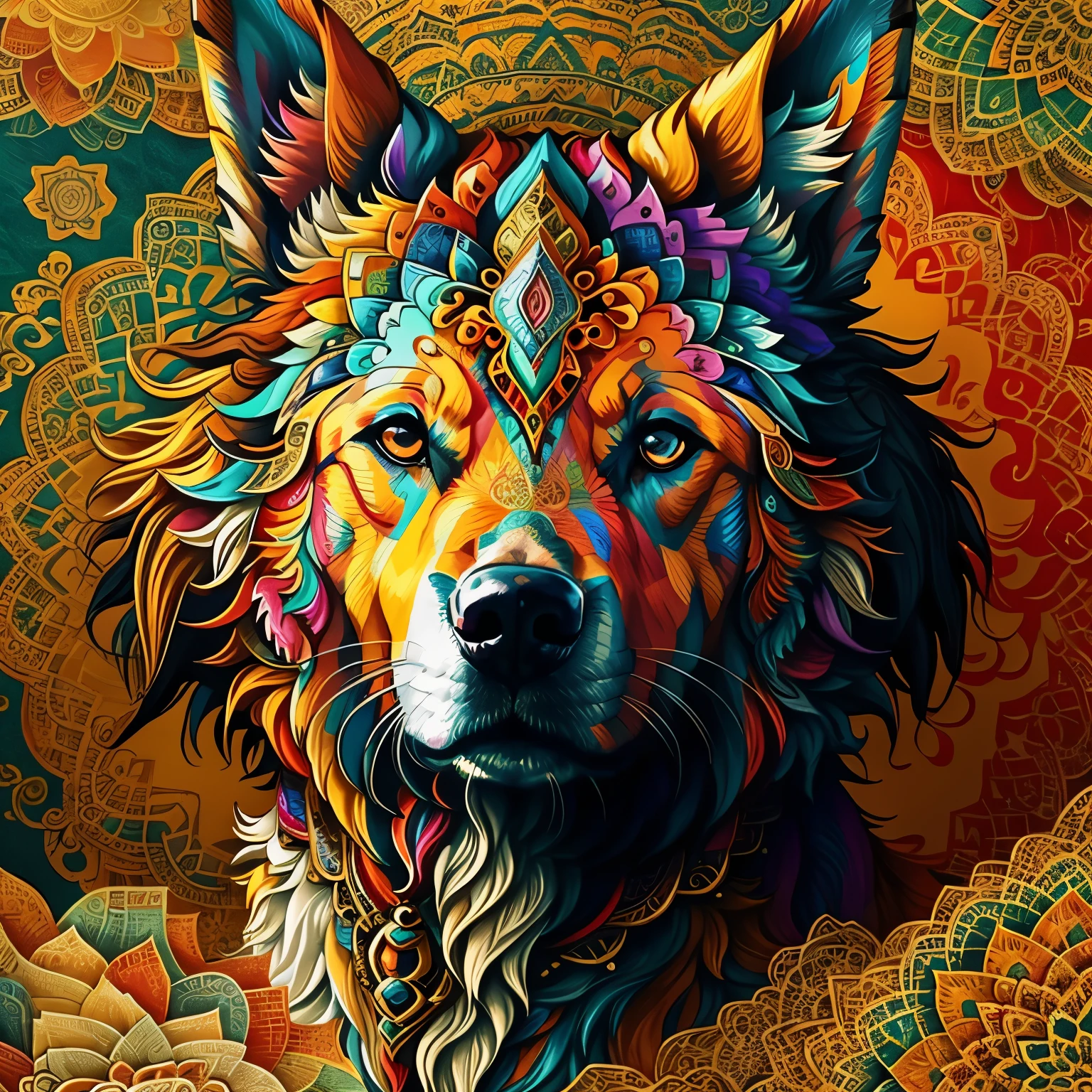 A vivid and intricately detailed multicolored Mandala Dog Artwork, featuring a meditative canine figure surrounded by complex geometric patterns and radiant colors, capturing the essence of Eastern spirituality and artistic expression, 4K ultra-high definition, with a rich and textured background, creating an immersive and visually stunning experience.