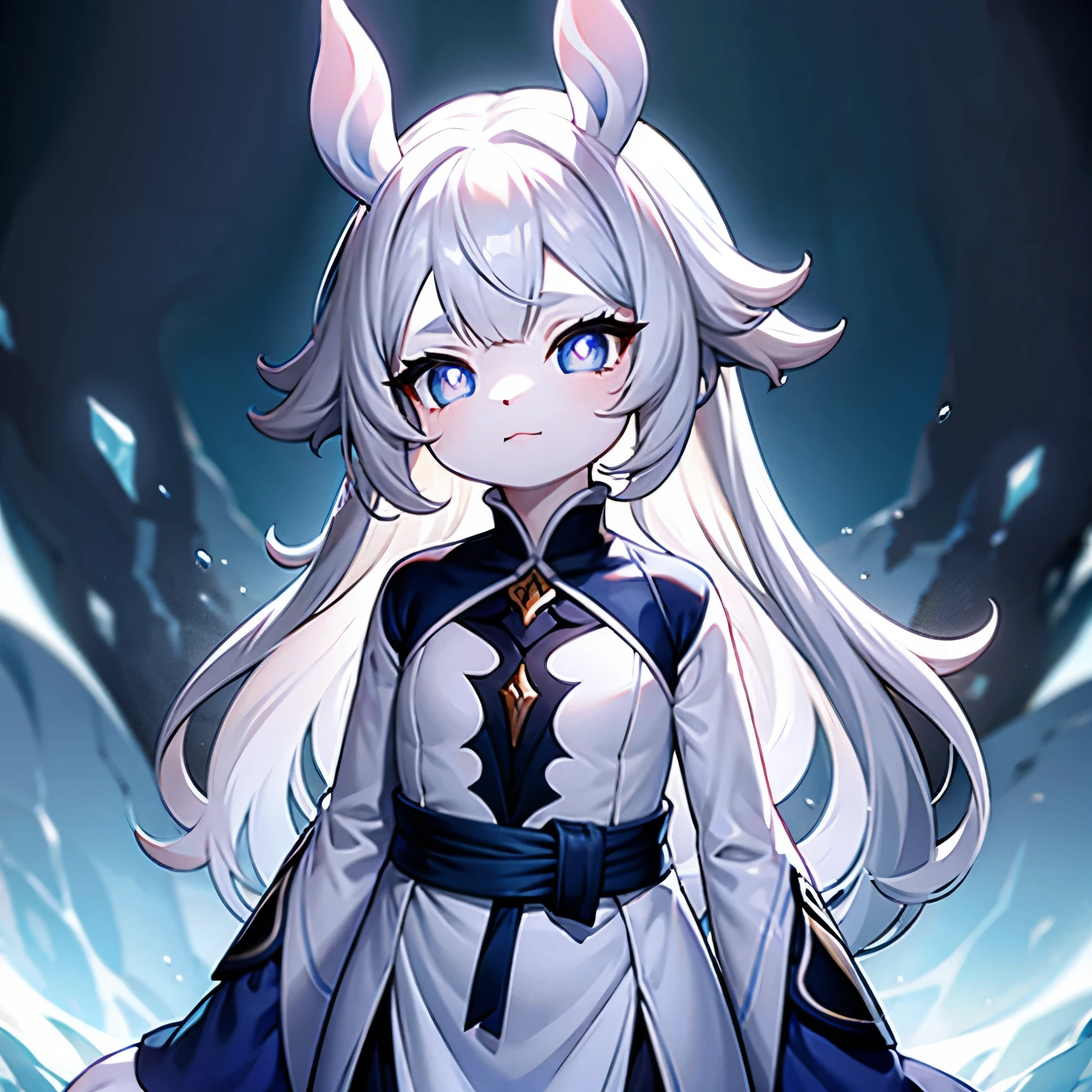 Illustration of one cute little furry creature, with silver eyes, pale eyes , slit pupils, dragon pupils, white skin with midnight blue patterns, cute silver white dress, long wavy hair, white hair, side wavy bangs, standing underwater , outdoor, hyper detailed, perfect eyes, cute , calm smile, calm expression , gorgeous , perfect body , highest quality, perfect lightning 