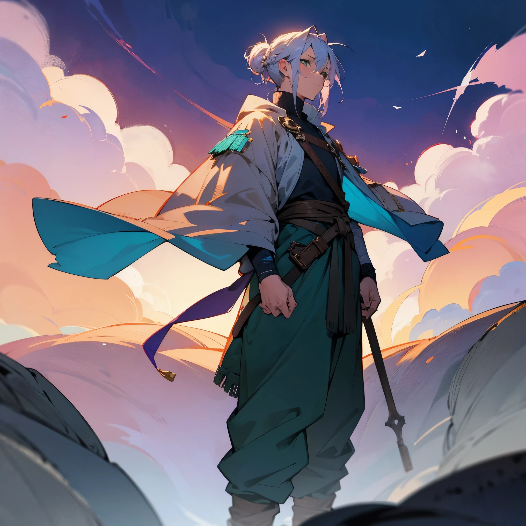 1male, adult, finely detailed green eyes, long messy braided bun, lavender ombré hair color, loose turtleneck, loose baggy pants, poncho, bandages wrapped around arms, standing with arms folded, standing on open trail, night, village, muscular, serious 