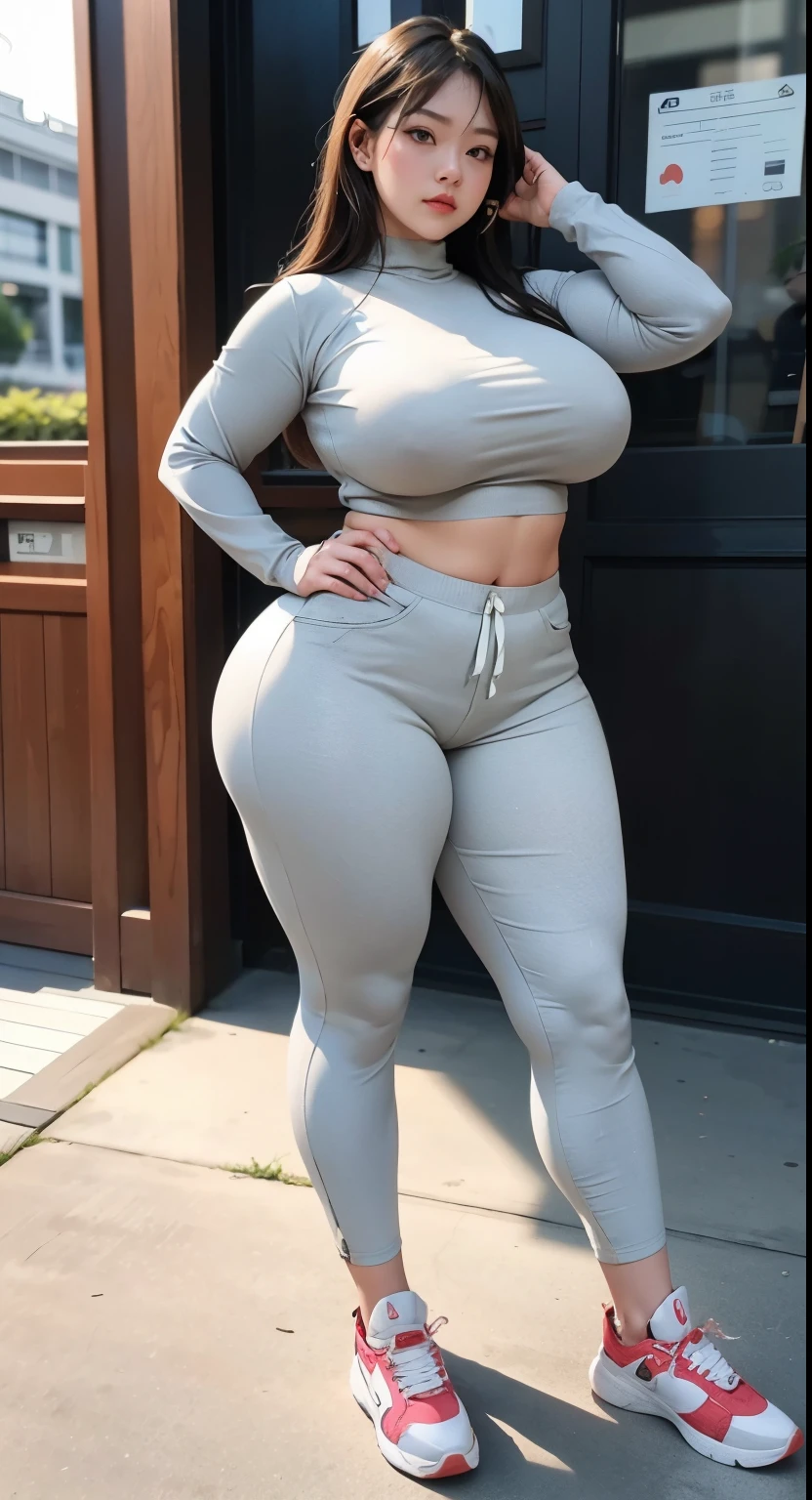 Alaf asian woman in grey hoodie poses for photo, oppai, Big breasts!!, SFW huge breasts, huge stunning goddess shot, with large breasts, with a big chest, goddess of Japan, Big breasts!, Big breasts, powerful and huge, Covered SFW huge breasts, buxom chested, Beautiful Asian Girl, busty, Chic, thick body, full body, , wearing shorts pants, turtleneck , sneakers