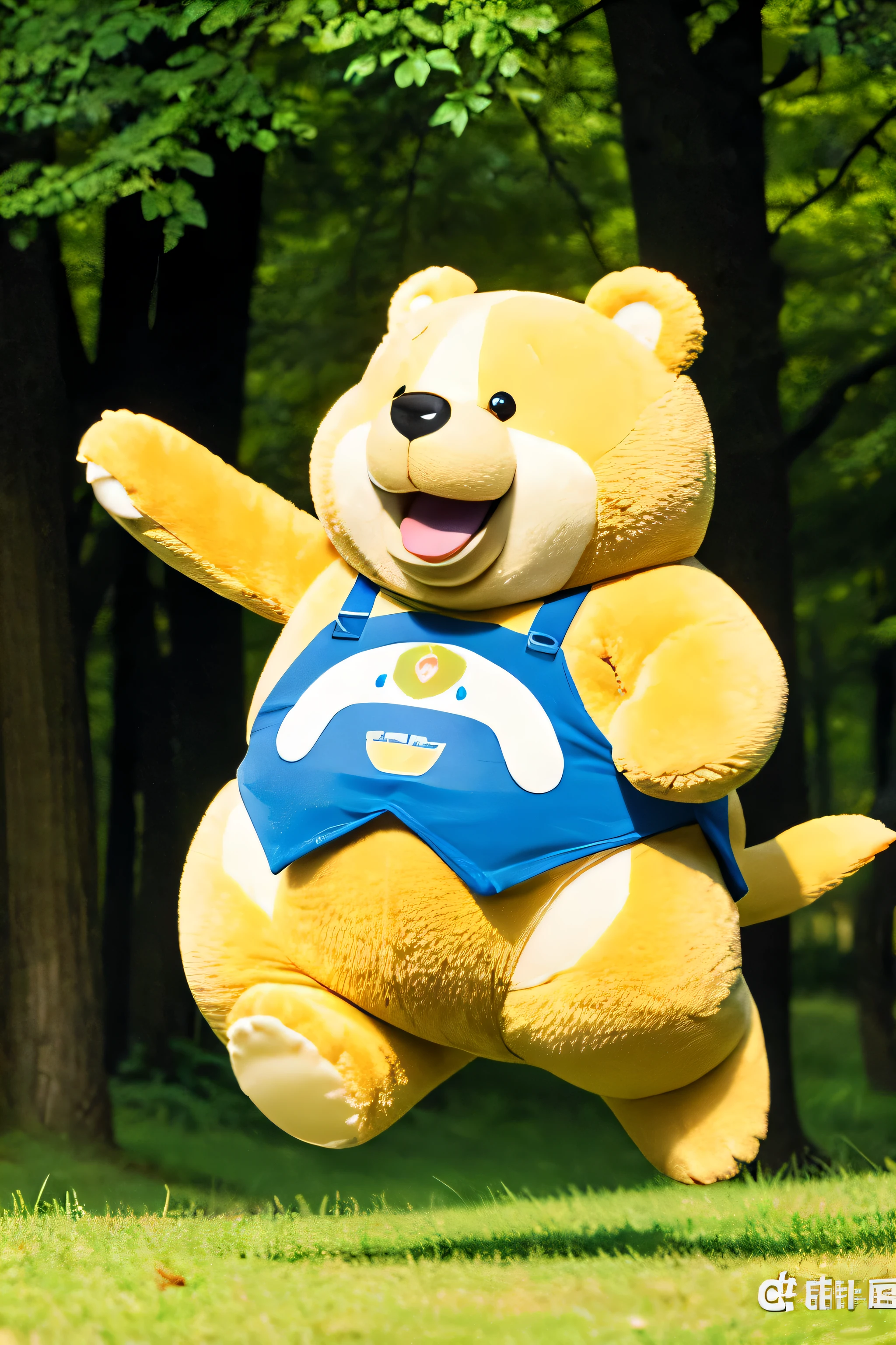 deformed, highest quality, (one fat bear), POP background, detailed face, eyes are big,wide open mouth、During a walk、forest、jumping, simple background, Upper body, abstract,ink \(moderately\), colorful landscape, front, anime character, Uncle Bear