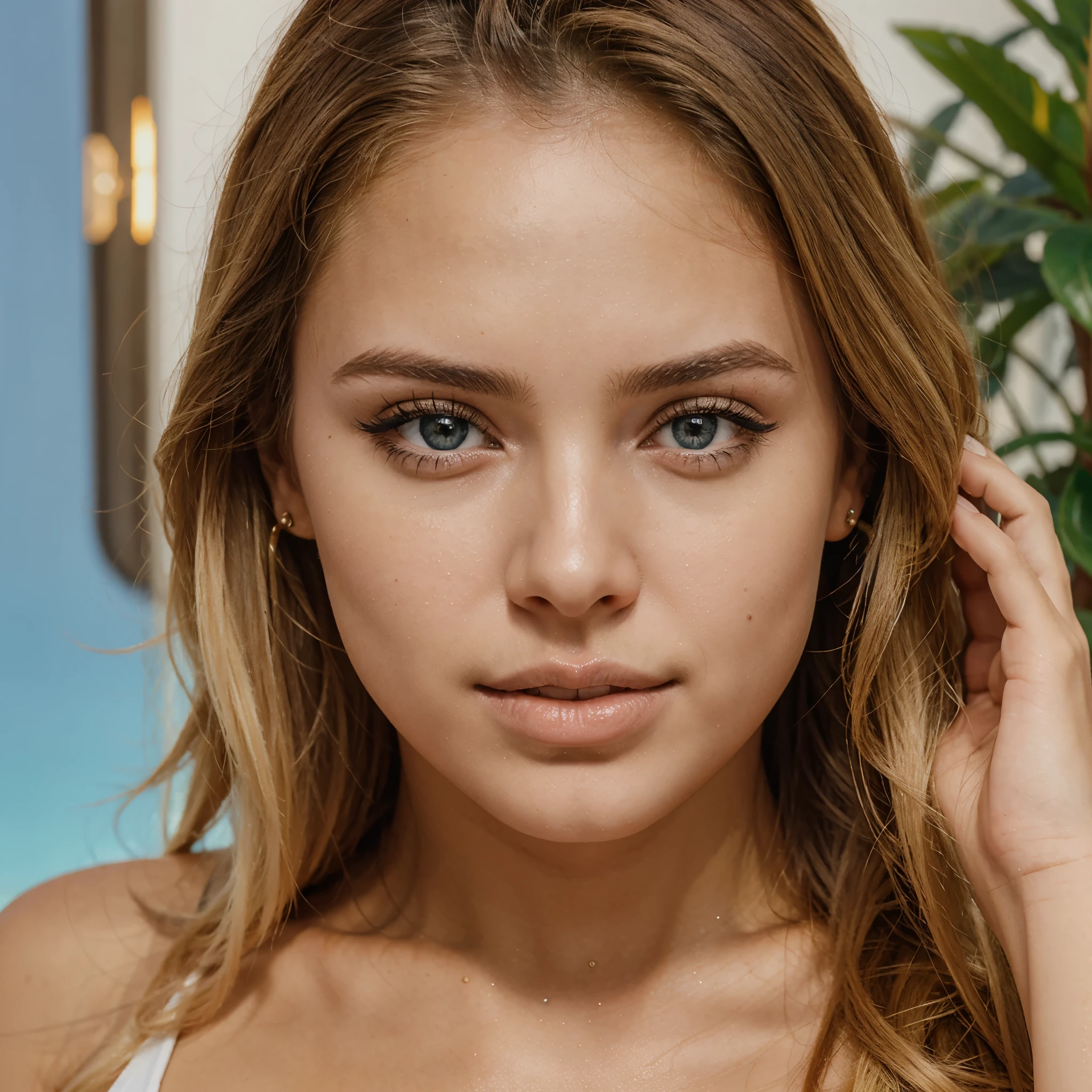 a 22-year-old Brazilian woman, influencer, blonde with blue eyes