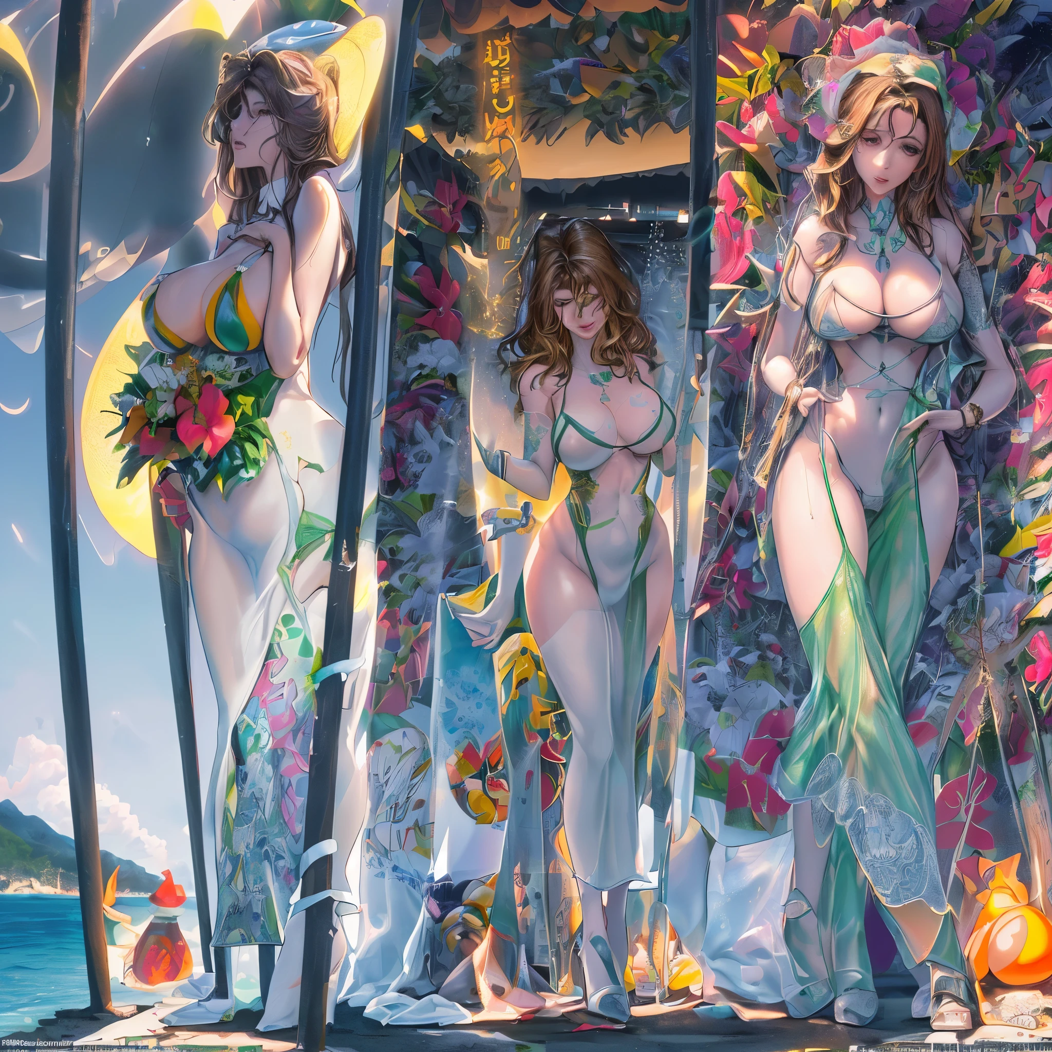 (complex)(Multiple subjects), (Subject 1:Marisa Tomei, age 25, dressed appropriately for the situation), is on a tropical romantic (women's only) cruise with other, (women (unique appearance, buxom, hourglass figure, public lactation, varied height, weight, appearance, ethnicity), they are on the beach learning to hand express breast milk. (best quality, realistic:1.37),(vivid colors, sharp focus), (ultra-detailed), (HDR),