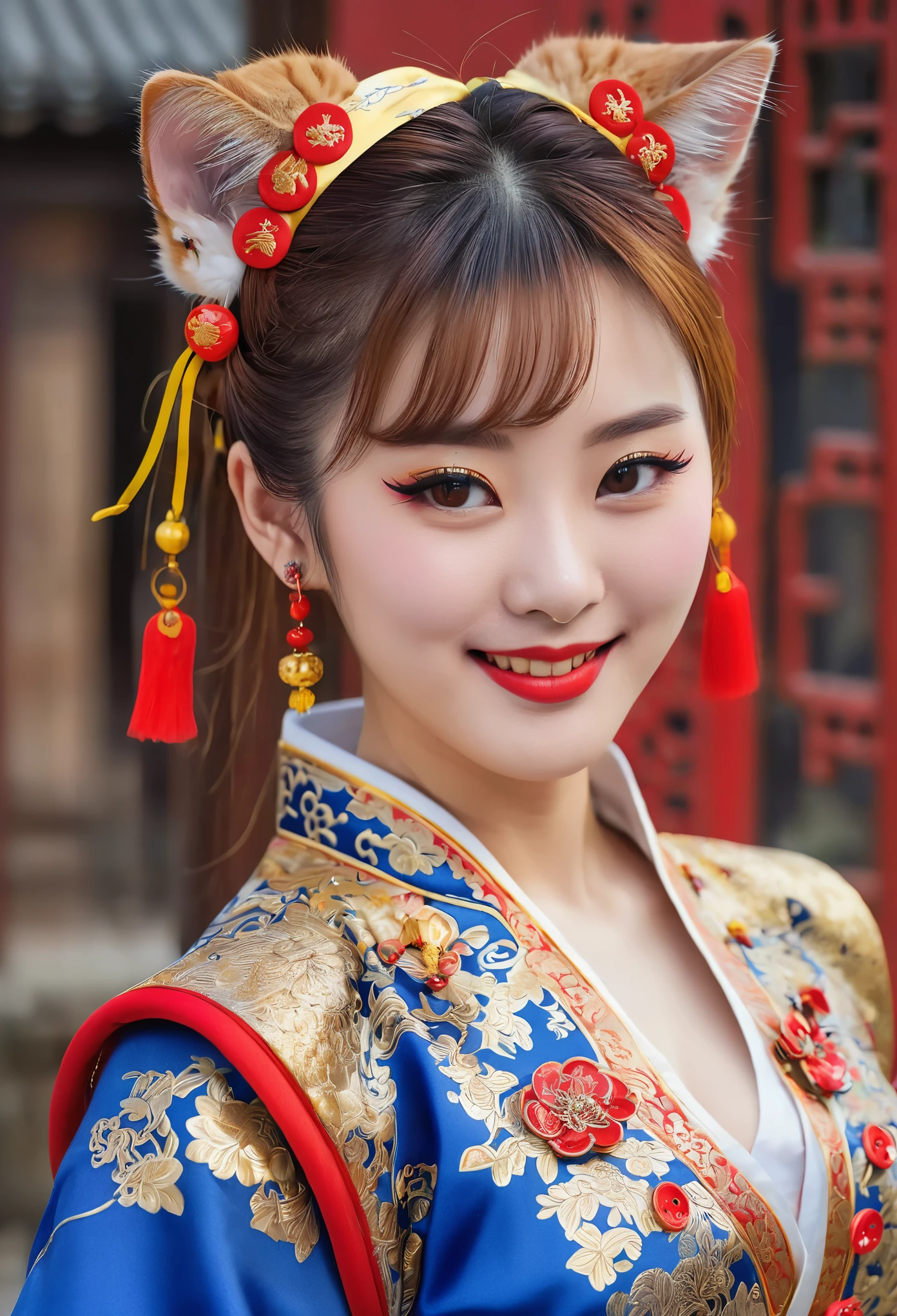 1girl, solo, double bun, hair bun, red bun piita, brown hair, looking at viewer, smiling, fang, bell, Chinese clothes, ribbon, bangs, hair ornament, cat whisker mark, hair band, hair bell, short dress  , sexy lips, cute nose, yellow contact lenses, cat eye contact lenses, medium breasts, facial features like a cat, blue Chinese clothes, sleeveless, sideways Chinese clothes, complicated patterned clothes, red Chinese buttons, shoulder decorations at the base  gold fur sleeves, gold engraved shirt list, jingle bell, silver iron arm armor with intricate gold patterns, cat fur motif gloves, small clawed fingernails