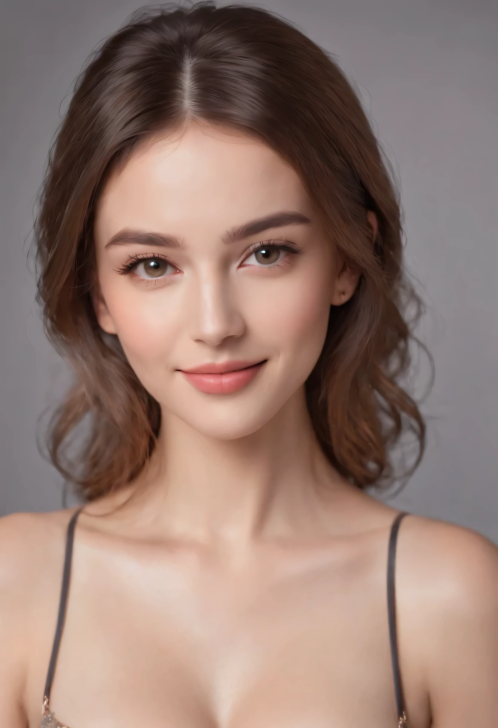 Bust shot, strapless colorful bra, cleavage visible, soft large breasts, smile, European Beautiful model, 1 girl with a beautiful face, Upper Body Professional Photo, (Photo 4K:1.1) , (Sharp Focus:1.3), High Detail, Instagram Pattern Pose, confident, slim girl, big tits:1.3, perfect anatomy, perfect symmetry:1.3, Realistic, realistic face:1.2, perfect face, content, confident, very detailed, and dramatic, Lighting scene, bright lighting, short hair
