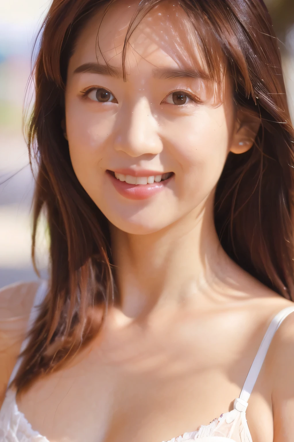 NSFW:1.5,((highest quality、8K resolution、master masterpiece、portrait:1.3)), Photoreal, 35mm film, 1 Japanese female, Upper body,Beautiful woman, on the street during the day, wrinkles around the eyes, plump body,smile,((sexy fancy white bra_panties:1.3)) , (outdoors:city street 1.3), jumbled background,look at the audience,Tokyo cityscape:1.3
