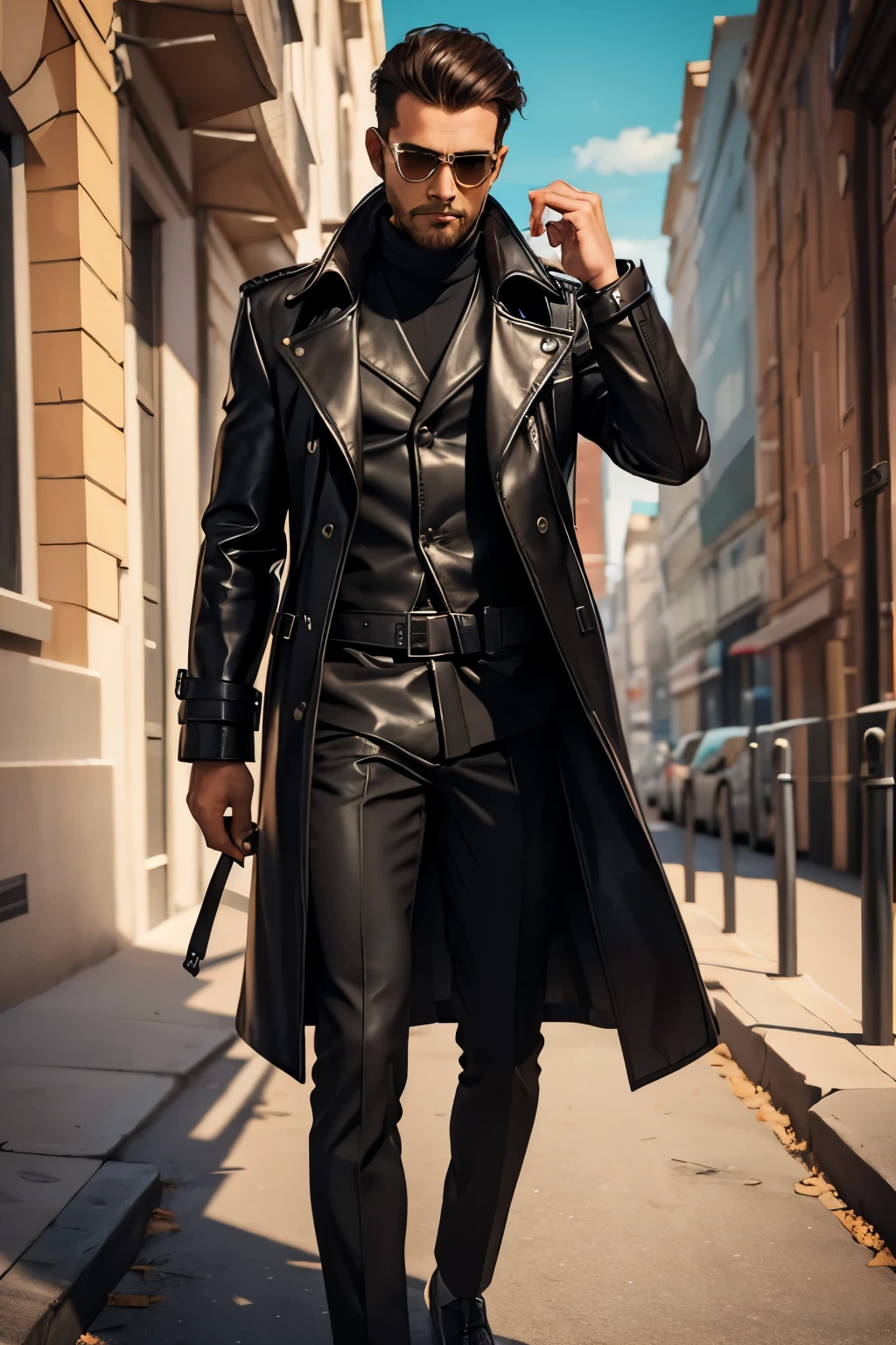 Man in long leather coat with pistol and a backpack