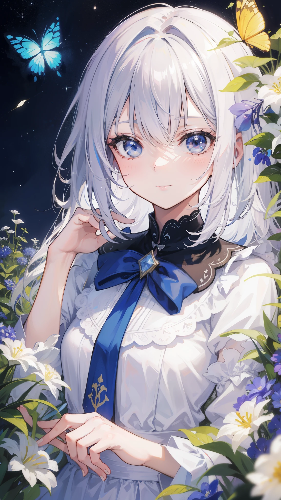 32k, highest quality, expensive_solve, clear_image, detailed background, girl, flower, garden, starry sky, Beautiful modeling, smile, close up of face, lots of butterflies々,