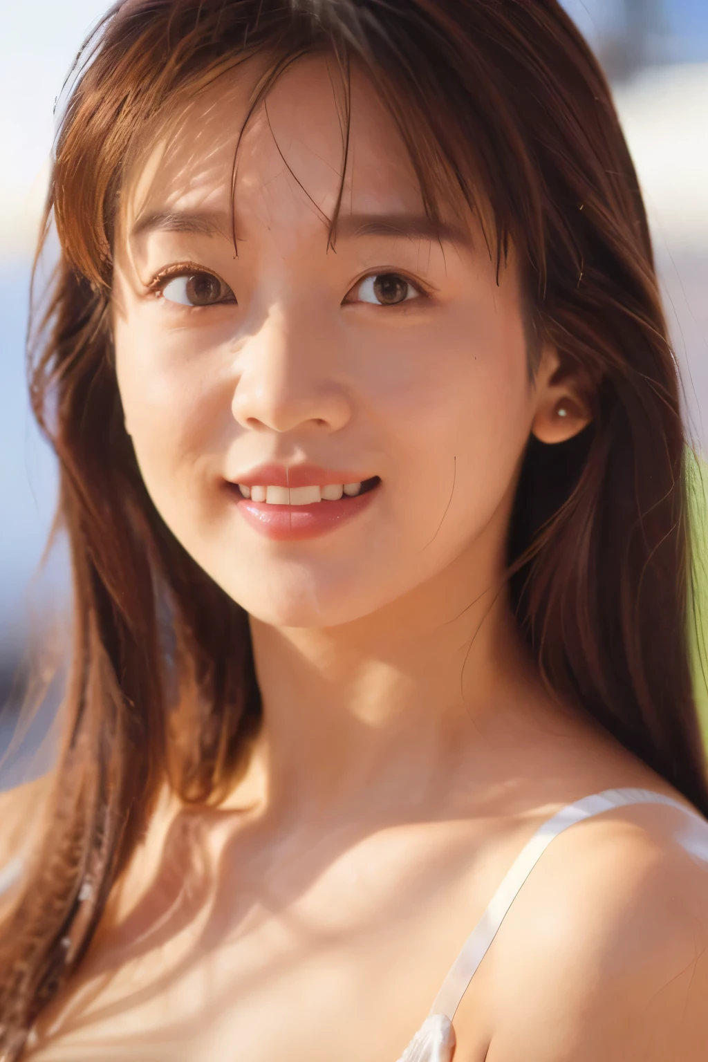 NSFW:1.5,((highest quality、8K resolution、master masterpiece、portrait:1.3)), Photoreal, 35mm film, 1 Japanese female, Upper body,Beautiful woman, on the street during the day, wrinkles around the eyes, plump body,smile,((sexy fancy white bra_panties:1.3)) , (outdoors:city street 1.3), jumbled background,look at the audience,Tokyo cityscape:1.3