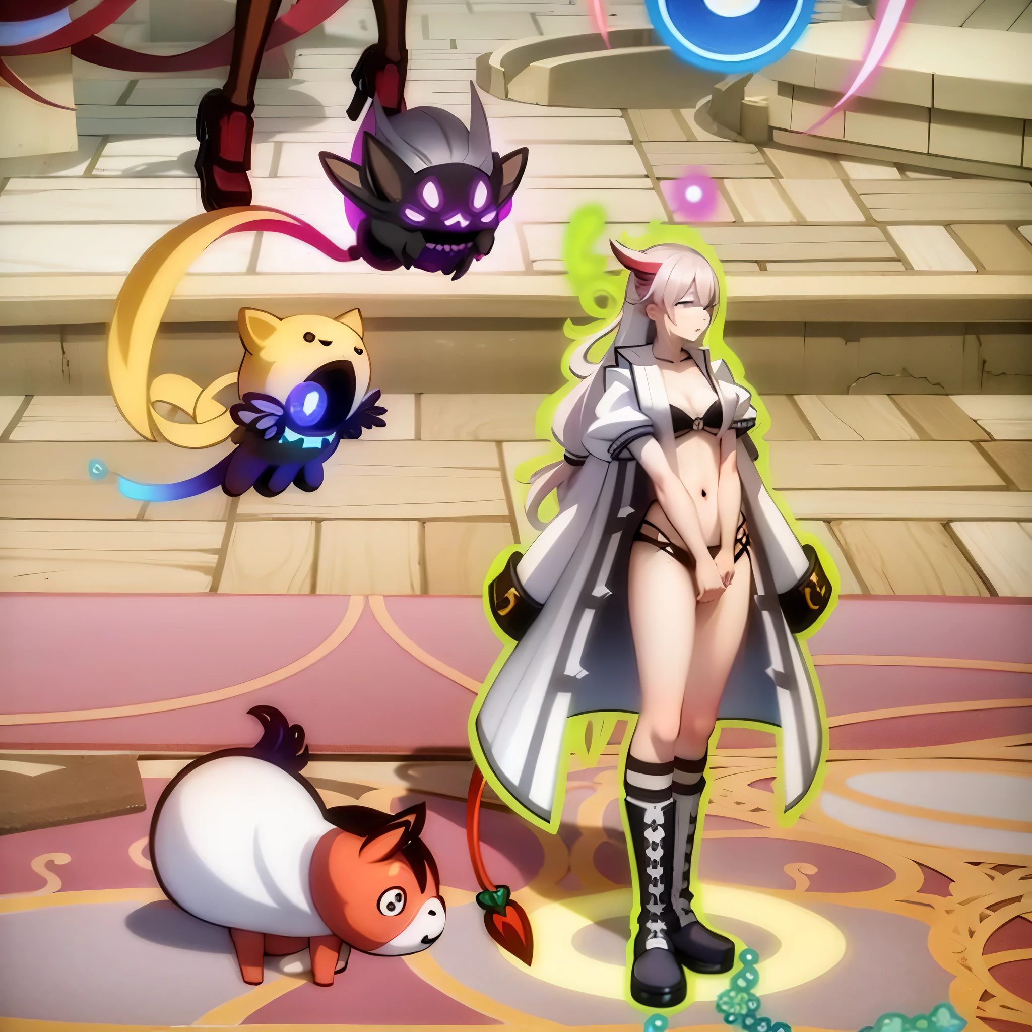 Light blonde curls,hairpin,Red hair,Black眼睛,High,Black,short boots,Wearing researcher uniform,open navel,masterpiece,top quality,sexy women