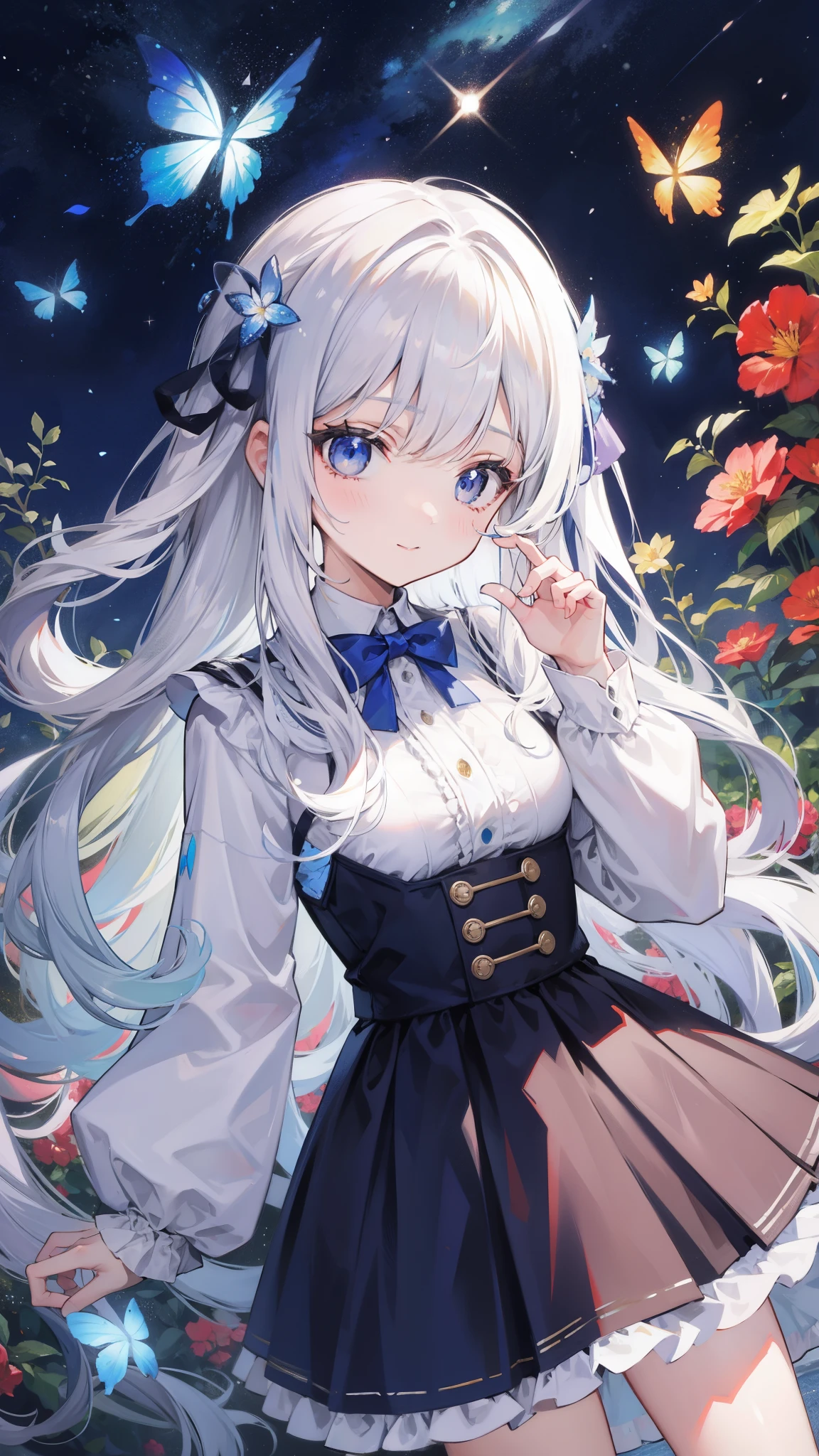 32k, highest quality, expensive_solve, clear_image, detailed background, girl, flower, garden, starry sky, Beautiful modeling, smile, close up of face,  lots of butterflies々, 