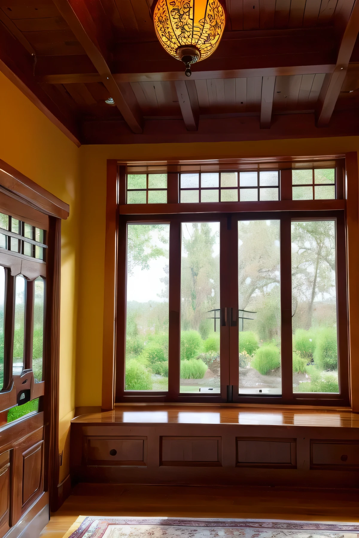 There is a large front window、There's a river outside、Front view of a Chinese-style study room with bright interior lighting.