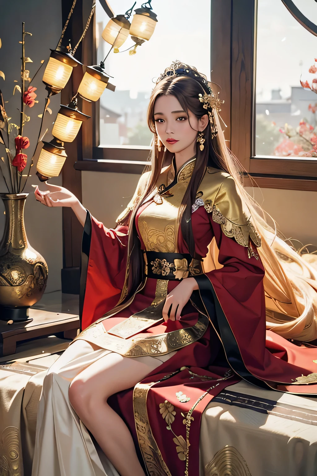 best quality, masterpiece, highres, (exquisite body:1.5),gorgeous face,(milky skin:1.3),intricate details,high resolution,wallpaper,
1girl, solo, dress, hair ornament, (((gold and red dress))), flowers, long hair, brown hair, closed mouth, jewelry, long sleeves, hand up, wide sleeves, big eyes,floating hair, chinese clothes, hanfu, embroidery, long skirt, natural pose, falling petals, indoor,fanning, lantern,
16K,HDR,highres,depth field,(film grain:1.1),boken,golden hour,(lens flare),vignette,rainbowing,(color grading:1.5)