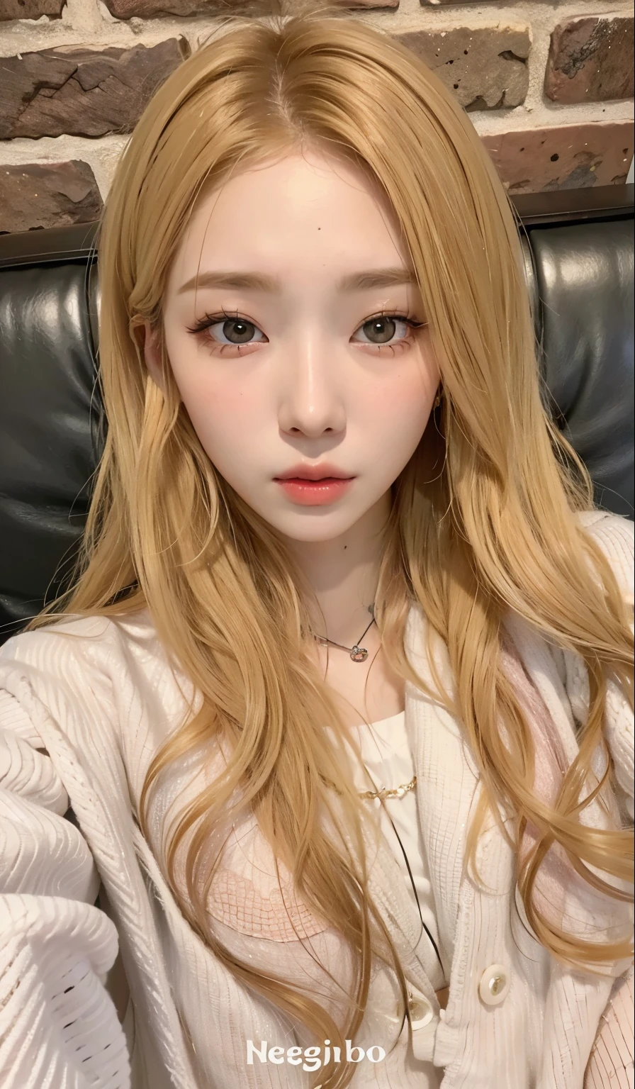 A close-up of a woman with long blonde hair sitting on a sofa, sun yunjoo, pelo largo y rubio y ojos grandes, sakimichan, heonhwa choe, ulzzang, pelo largo y rubio y ojos grandes, jaeyeon nam, jinyoung shin, kim doyoung, cl, muchacha coreana, 19 year old girl