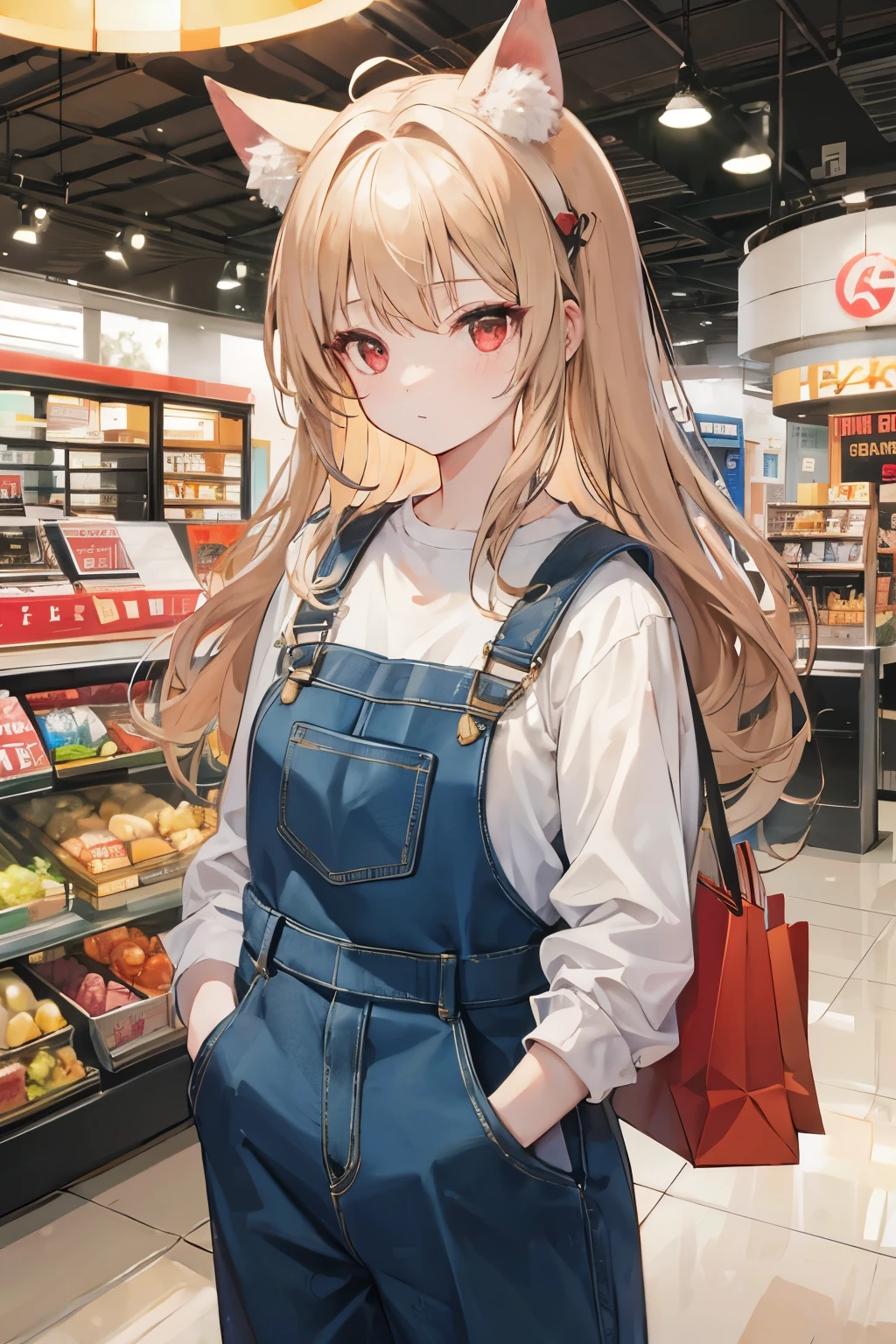 1girl，，Beige long hair，cat ear headband，red eyes，happy，casual overalls，Hands in pockets，sunny weekend，Large shopping malls