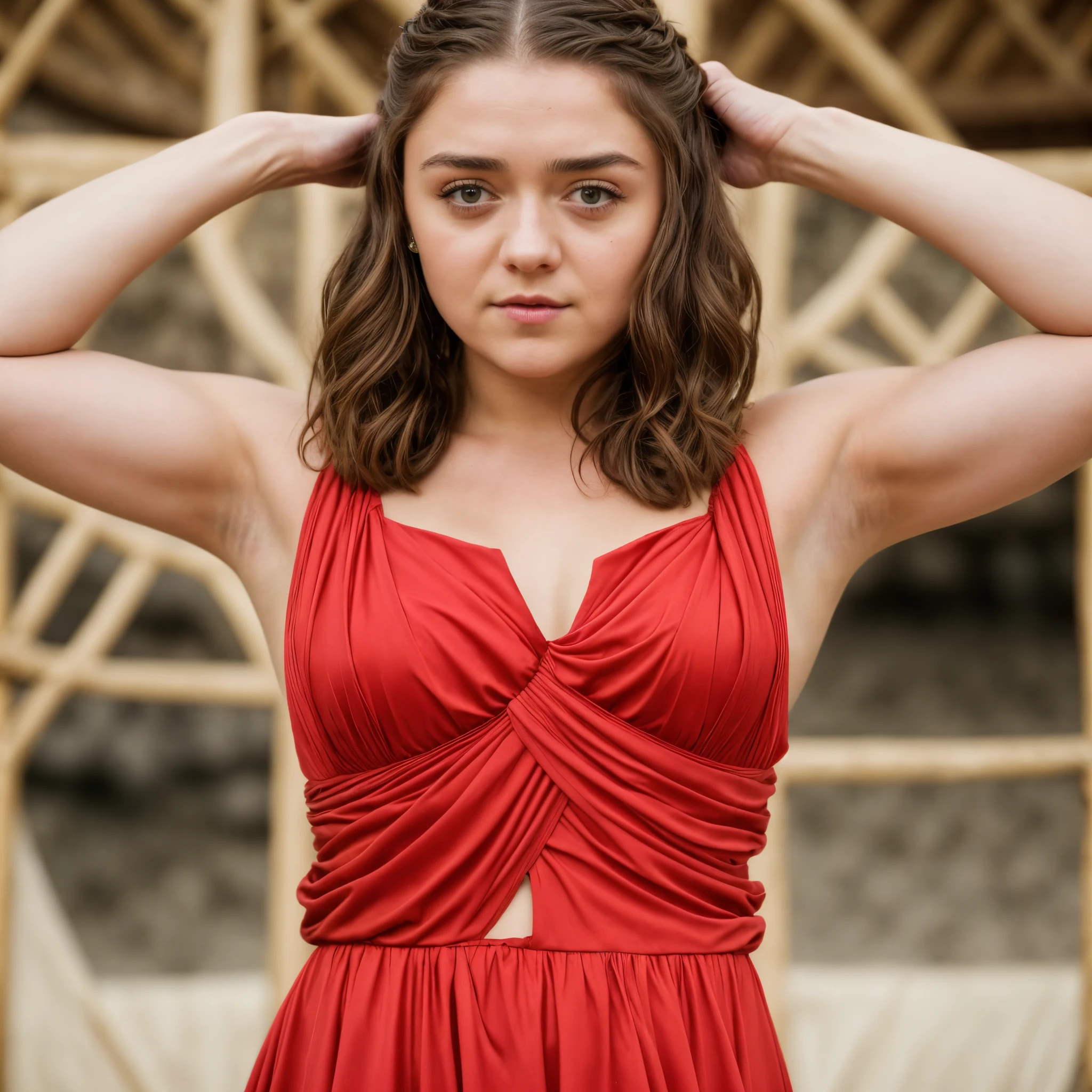 Foto RAW, Arya Stark, Extremely gorgeous lady, Arya Stark PLAYED BY MAISIE WILLIAMS, Queen Arya Stark, she  a mature woman now, milf, sexy mediaeval battle dress, gladiator woman, body, 40 years old Woman, Roman slave dress, cotton dress, busty mediaeval costumes, body revealing costumes, perky breast, big natural breast, erotic costumes, lusty physique, seductive figure can capture every people's attention, Game of thrones costumes, revealing captivating figure, Mediaeval costumes, revealing clothes, A tomboy, she would rather fence than dance, warrior queen , game of thrones screen caps, Game of Thrones Series, (pele altamente detalhada: 1.2), 8k UHD, DSLR, soft-lighting, alta qualidade, grain of film, Fujifilm XT3, flawless picture, highly detailed, detailed Beauty, intricate, 32k, sharp picture, closed mouth, 