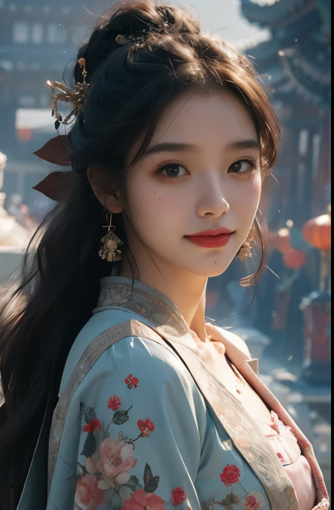 (Masterpiece), (absurderes), Cowboy shot, Shiny skin, Girl, Solo, pupils sparkling, long eyelasher, Closed mouth, Light smile, Long hair, Striped hair, Wavy hair, Chinese costume, view the viewer, self-shot, Ancient temple, Cinematic lighting