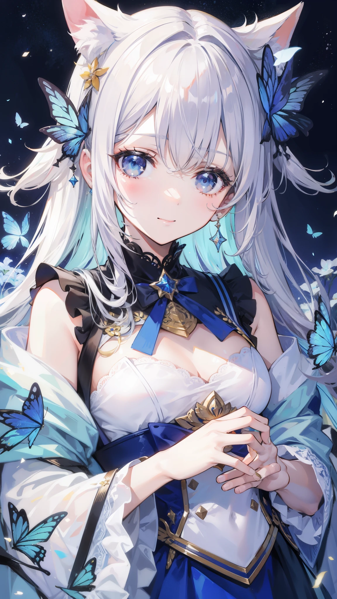 32k, highest quality, expensive_solve, clear_image, detailed background, girl, flower, garden, starry sky, Beautiful modeling, smile, close up of face,  lots of butterflies々, 