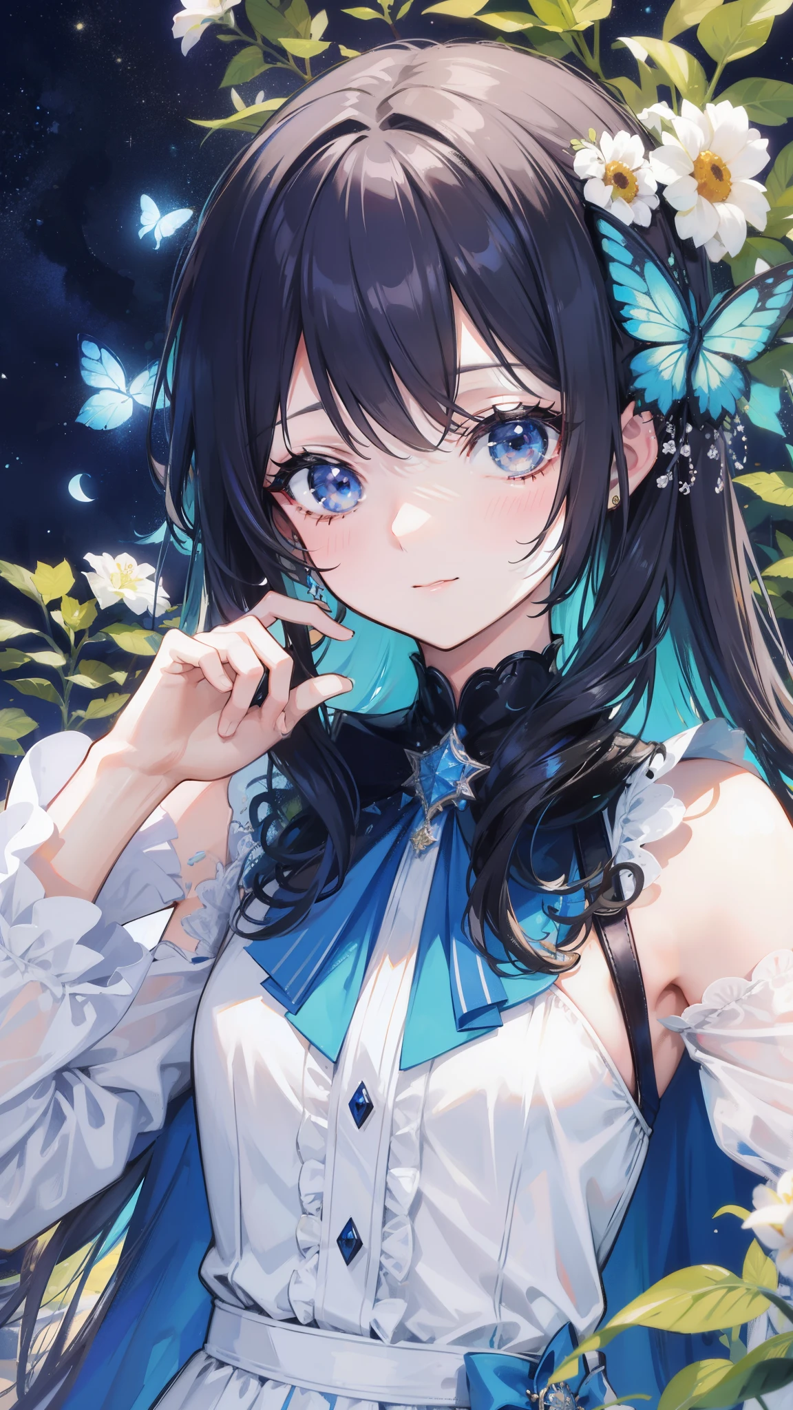 32k, highest quality, expensive_solve, clear_image, detailed background, girl, flower, garden, starry sky, Beautiful modeling, smile, close up of face,  lots of butterflies々, 
