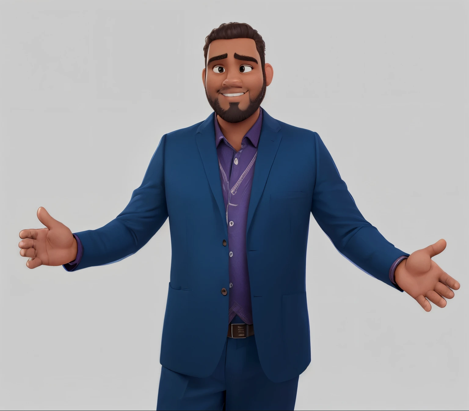 a man with brown skin, a chubby round face, thinning hair and beard, wearing a blue suit, in the Disney 3D animation style