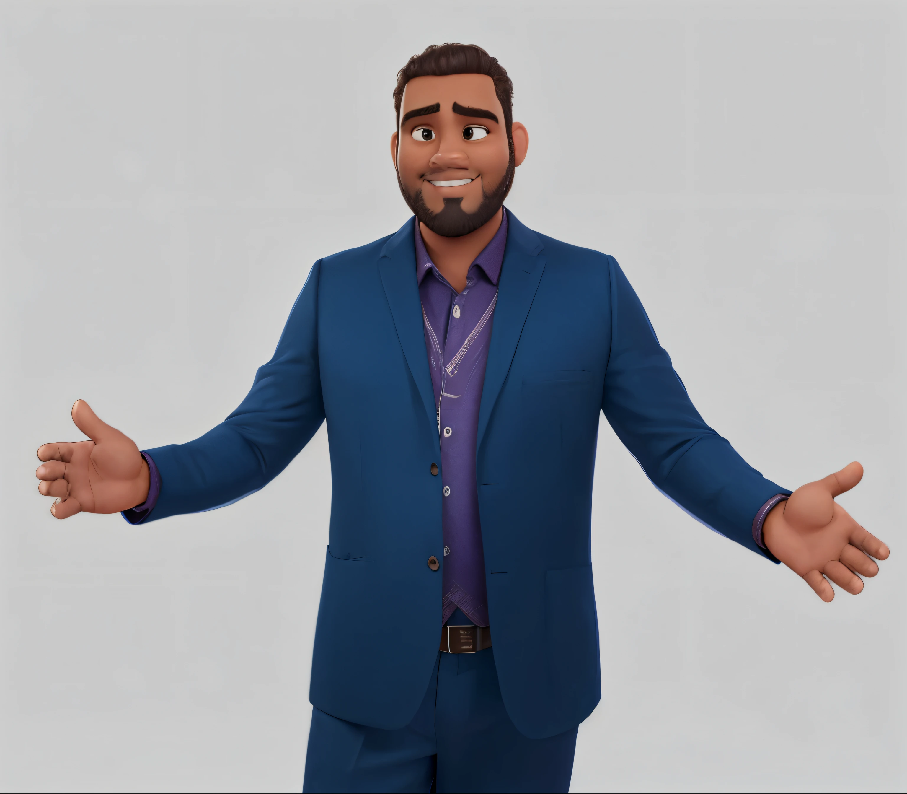 um homem com pele parda, um rosto redondo e gordinho, queda de cabelo e barba, vestindo um terno azul, in Disney's 3D animation style
