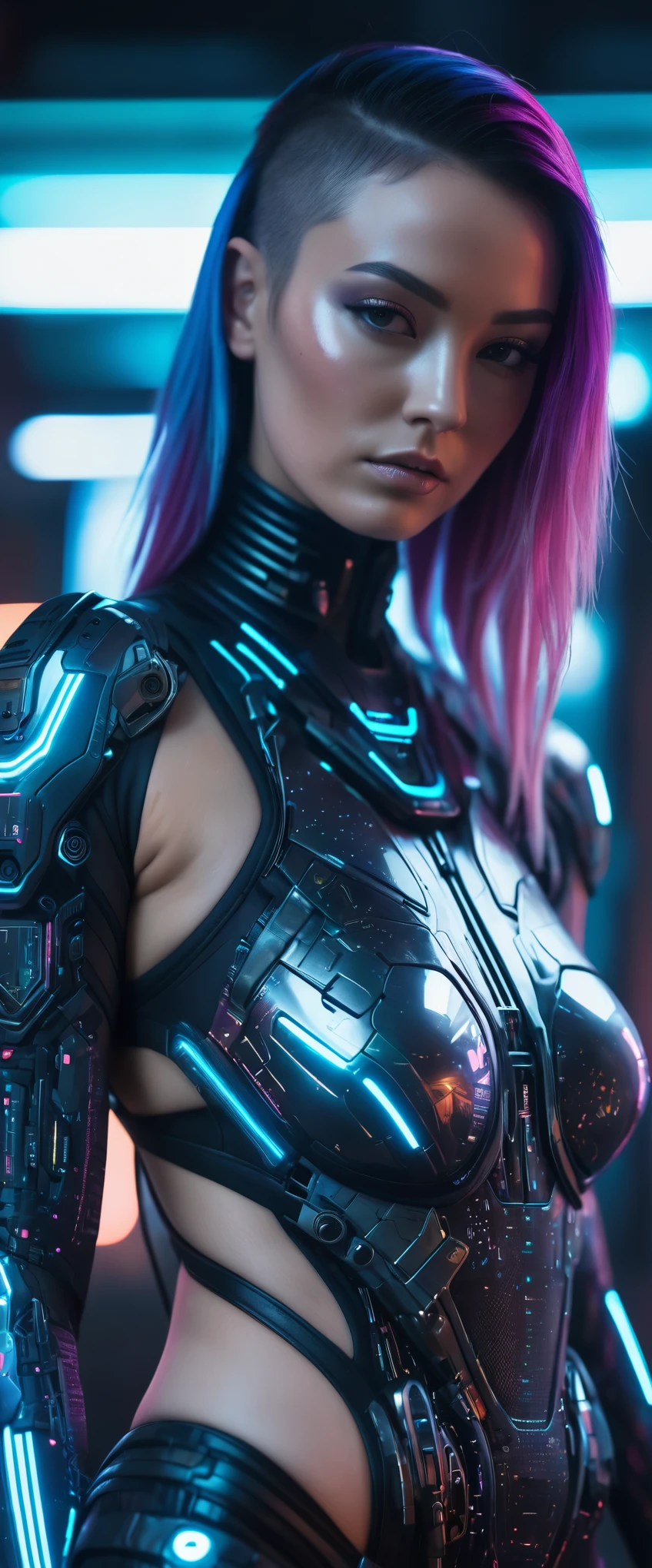 highly detailed best cinematic still frame, erotic sexy cyborg, full body shot, breasts exposed. fiber optic, rainbow colored hair