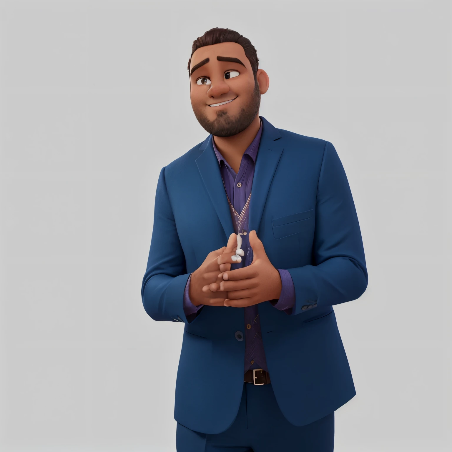 a man with brown skin, chubby round face, thinning hair and beard, wearing a blue suit, in Disney 3D animation style