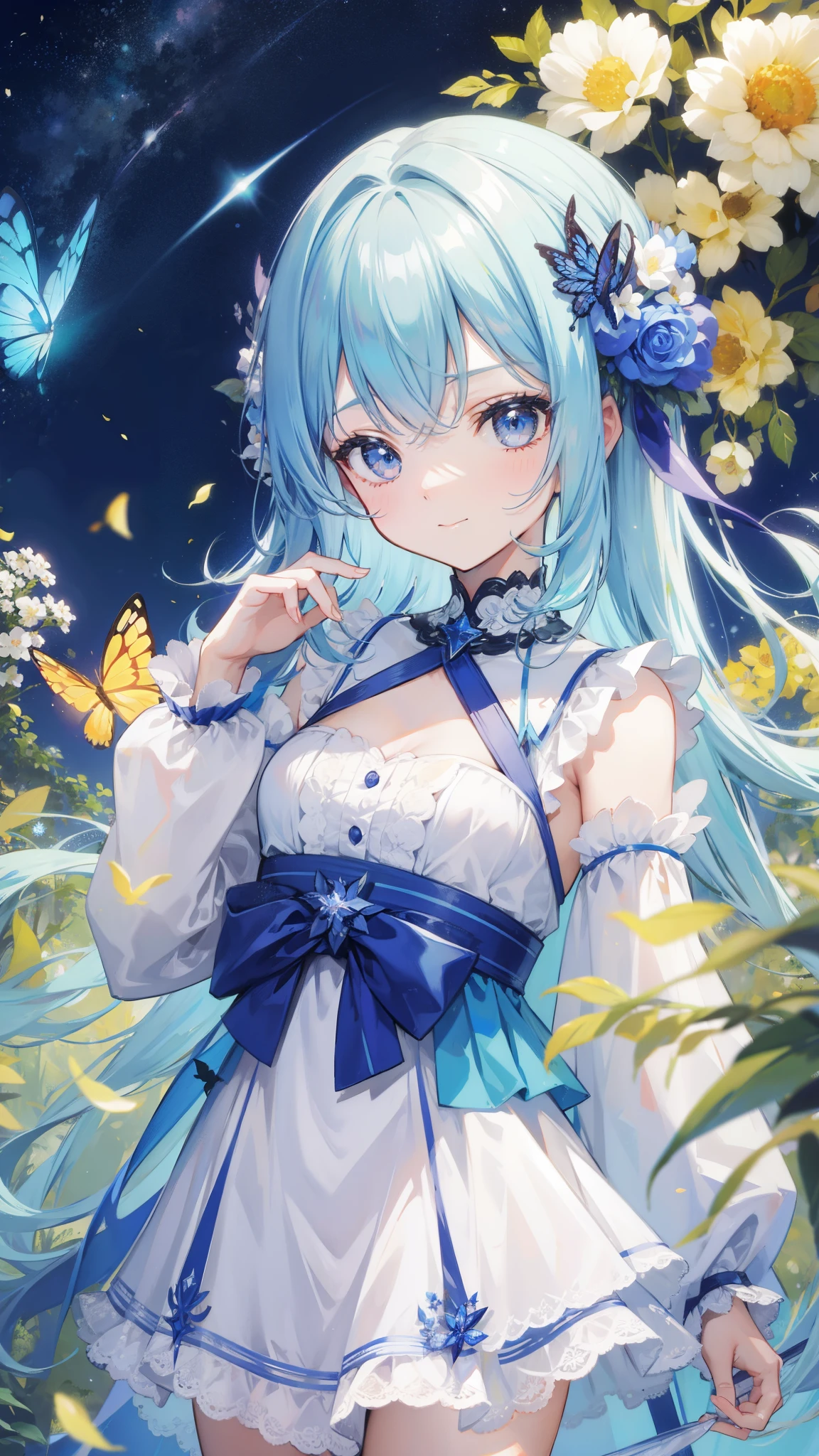 32k, highest quality, expensive_solve, clear_image, detailed background, girl, flower, garden, starry sky, Beautiful modeling, smile, close up of face, lots of butterflies々,