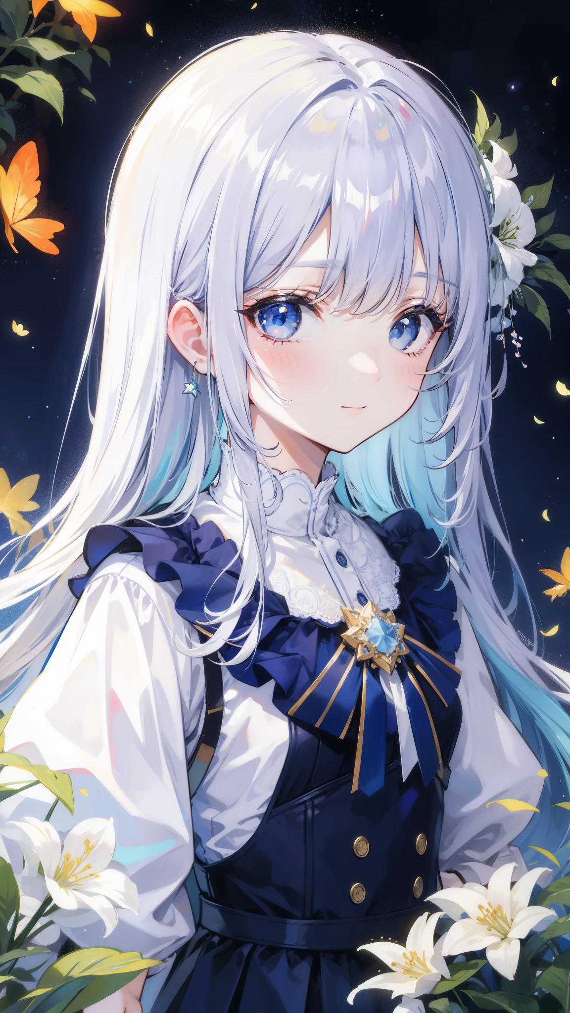 32k, highest quality, expensive_solve, clear_image, detailed background, girl, flower, garden, starry sky, Beautiful modeling, smile, close up of face, lots of butterflies々,