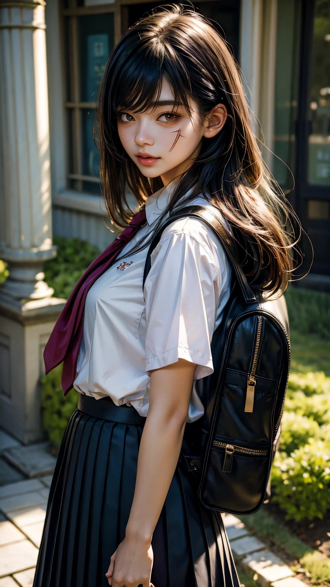 2d, masterpiece, best quality, anime, highly detailed face, highly detailed background, perfect lighting, 1girl, solo, asa mitaka, long hair, black hair, scar, scar on face, ringed eyes, yellow eyes, looking at viewer, shirt, white shirt, school uniform, japanese uniform, skirt, backpack, smile, parted lips, front focus, indoors, school background, japanese school, 