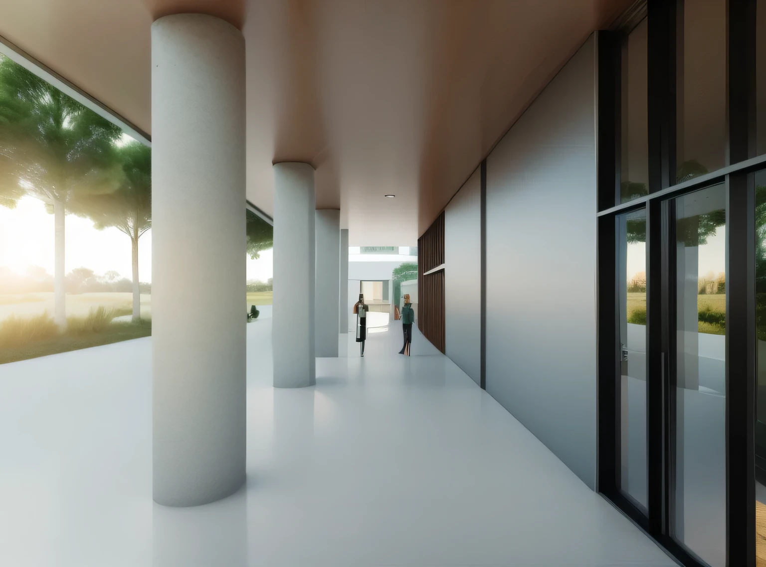 there are two people walking down the walkway of a building, low angle dimetric rendering, detail rendering, high detail rendering, detailed renderinging, architectural rendering, architectural rendering, detailed rendering, very detailed rendering, professional rendering, vue render, corredor de acesso ao teatro, View at ground level, View at ground level, renderizado em enscape, detailed rendering do archviz, digital rendering