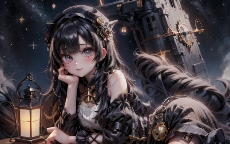 masterpiece, best quality, absurdress, 1 cute girl, steamounk clothing, a steampunk engineer in a lighthouse, starry night sky