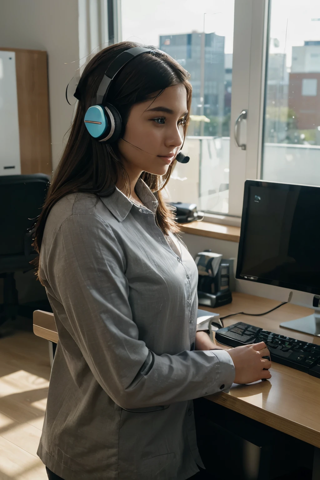 A young professional at their desk, wearing a wireless headset and immersed in work tasks, with a blurred background featuring office equipment and a bustling work environment. The scene should emphasize the headset's comfort and convenience for extended use, highlighting its noise-canceling features and clear audio quality. Photography, natural lighting, --ar 16:9 --v 5