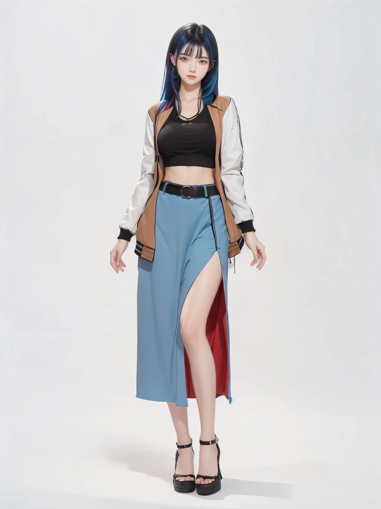 Modern hair style, blue and black gradient hair, haori, multicolored hair, black dress, modern outfit, varsity jacket, 25 year old, only girl, full body, hyper realistic, long hair, fony hair, 
BREAK belt, black pants, asian, brown and white hand jacket, sexy body, beautifull face, 
BREAK (masterpiece:1.2), best quality, high resolution, unity 8k wallpaper, (illustration:0.8), (beautiful detailed eyes:1.6), extremely detailed face, perfect lighting, extremely detailed CG, (perfect hands, perfect anatomy),