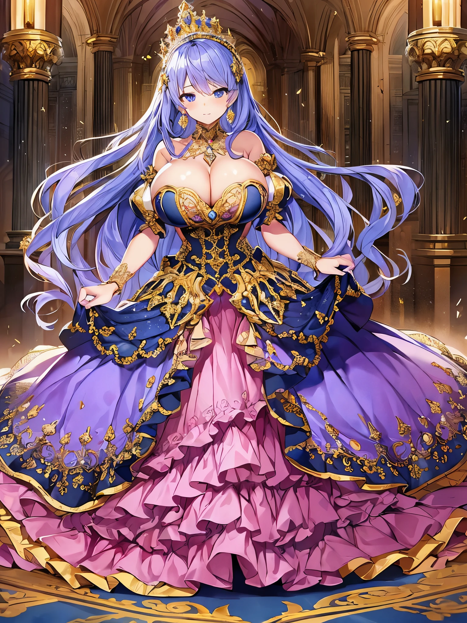 anime artstyle,Masterpiece,Best Quality,Super Detail,Very Delicate and Beautiful,Solo,((full body)),full body portrait,((1 bling-bling princess in a gorgeous embroidery rococo ballgown with jeweled)),(((very very gigantic tits,cleavage,curvy))),Skindentation,((Cathedral,church)),((crinoline,long train)),super detailed gorgeous ballgown with voluminous full length hoop skirt,gorgeous princess rococo ballgown with long train,((gorgeous princess rococo ballgown with beautiful embroidery and jeweled)),(detailed face and eyes),jewel-like eyes,((extremely voluminous straight Hair,Extremely Long Straight Hair)),extremely gorgeous hair ornament,((extremely gorgeous bling-bling big tiara)),bling-bling luxurious jewelry,Beautifully detailed lots of lace and ruffles,(Dynamic Angle),(((super detailed gorgeous princess rococo ballgown with voluminous full length hoop skirt))),full body