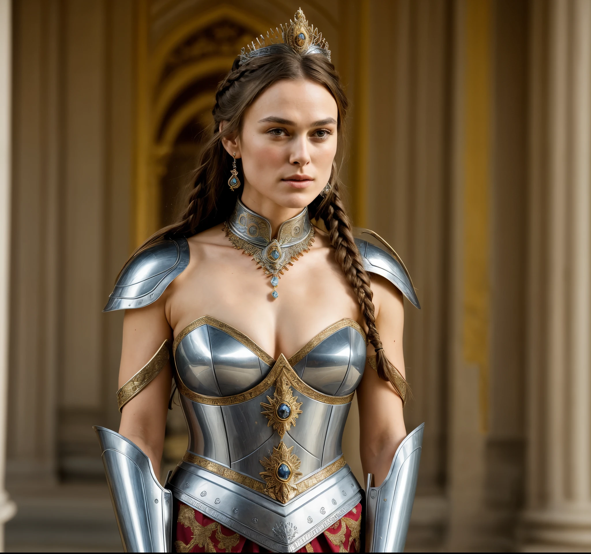 Looks Like Keira Knightley, "Imagine the warrior queen with a confident yet regal expression, radiating both strength and warmth. Consider subtle facial features that highlight her beauty without compromising her commanding presence. Experiment with a hairstyle that complements her thicker figure, perhaps cascading in waves or braids that add to her majestic allure.
When designing the armor, ensure that it accentuates her curves and provides a sense of both protection and elegance. Consider embellishments like intricate engravings or gemstones that symbolize her royal status. Integrate elements that convey a sense of cultural richness or fantasy, allowing the armor to tell a story about her lineage and the battles she has faced.
For her attire, think about incorporating layers of fabric that flow with her movements, adding a dynamic and visually appealing aspect to the illustration. Choose colors that not only complement the armor but also enhance the overall composition. Play with textures to add depth to the illustration, whether it's the smoothness of metal or the softness of fabrics.
In terms of the background, envision a setting that complements her character—whether it's a mystical landscape, a grand throne room, or a battlefield. Consider adding symbols or motifs that reinforce her role as a warrior queen, creating a cohesive narrative within the illustration.
Lastly, pay attention to the lighting to emphasize the contours of her figure and enhance the overall mood of the scene. Strive to create a balanced yet captivating composition that captures the essence of a powerful, attractive, and beautifully thick warrior queen."