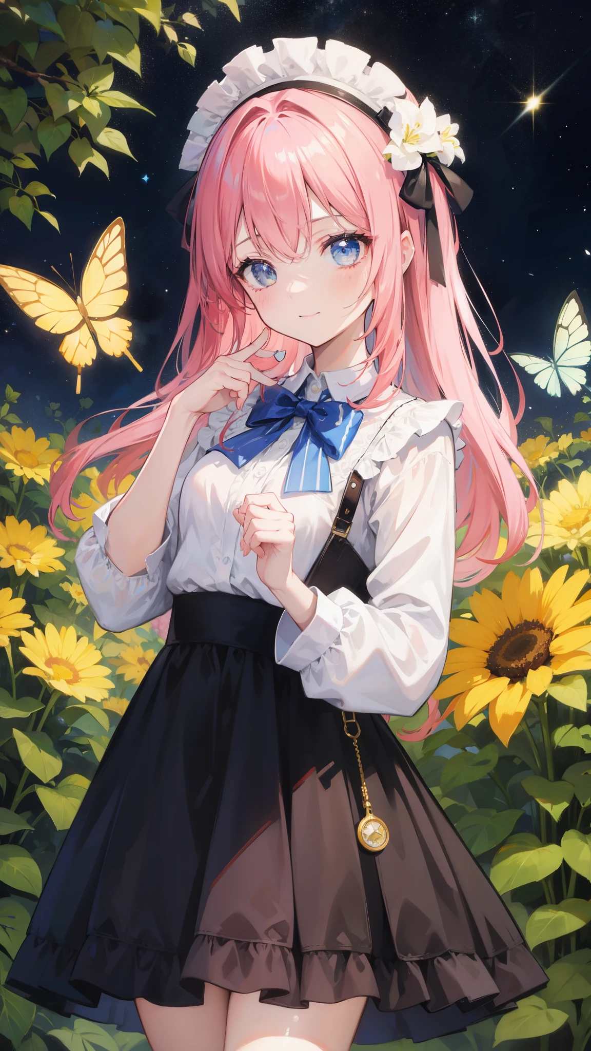 32k, highest quality, expensive_solve, clear_image, detailed background, girl, flower, garden, starry sky, Beautiful modeling, smile, lots of butterflies々,