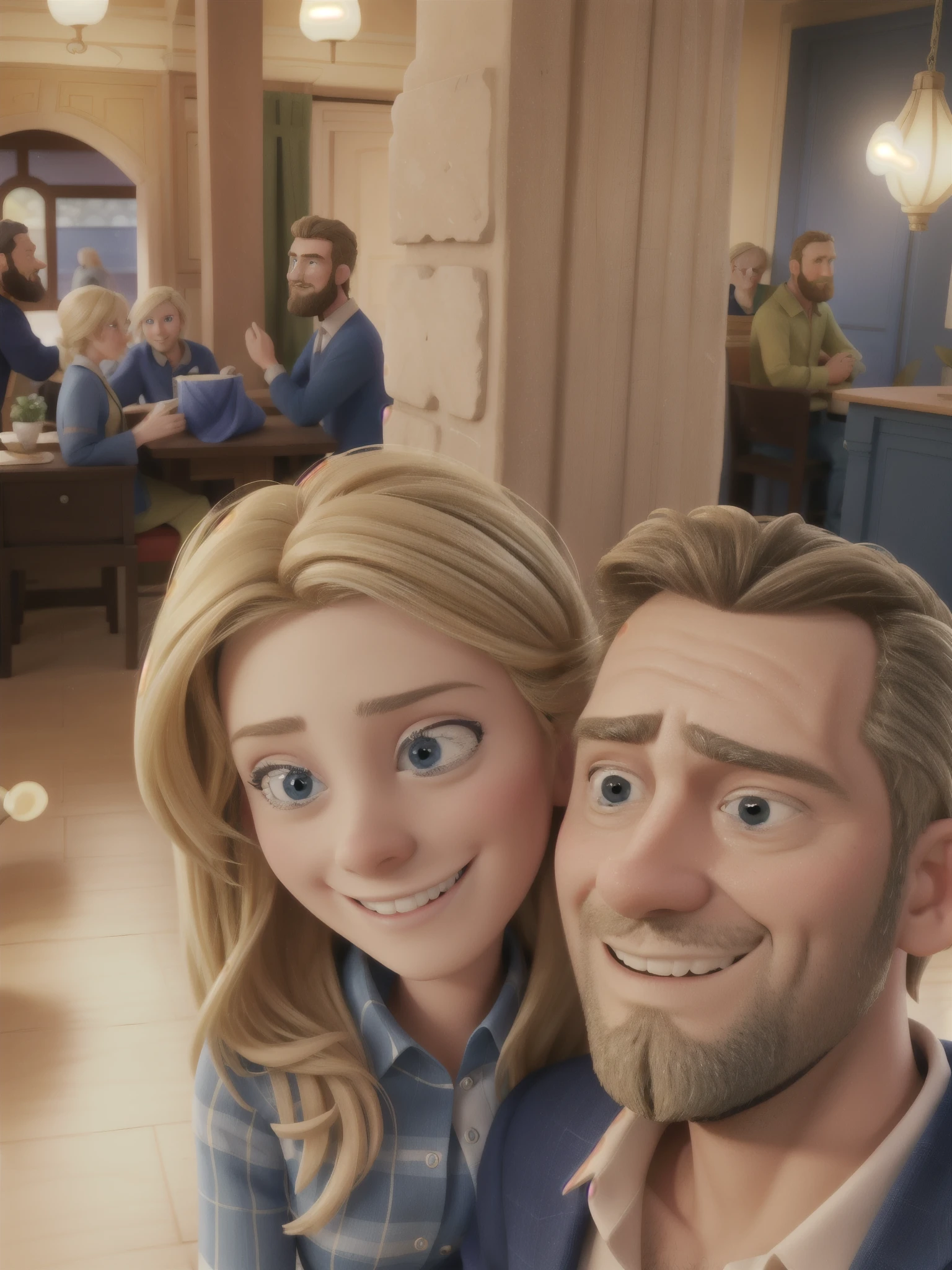blond woman with blue eyes and a man with a beard smile at the camera, szekely bertalan and lotz karoly, happy couple, by Anita Malfatti, valentina remenar, by Emma Andijewska, by Federico Zuccari, kate oleska and jim kay, barabas miklos and hollosy simon