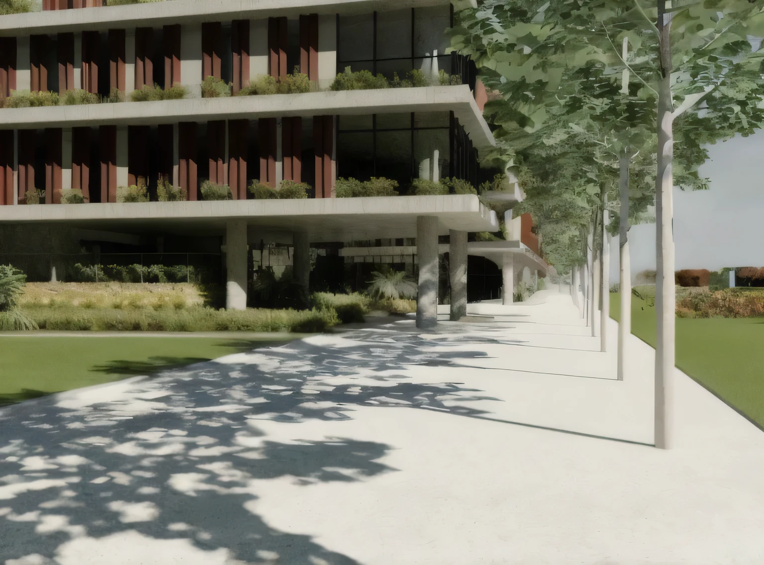 jardim tropical, jardins, rendering of a building with a walkway and trees in front, low angle dimetric rendering, architectural rendering, architectural rendering, detail rendering, architectural visualization, grande angular exterior 2022, passarelas elegantes entre torres, professional rendering, View at ground level, Street level view, View at ground level, architectural 3D rendering, luminous rendering