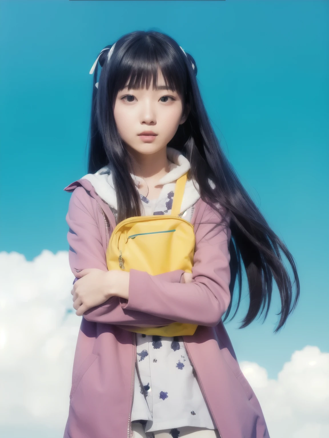 WHITE EYE, BLUE HAIR, HUG A YELLOW BAG,  girl with long BLUE hair standing in front of a blue sky, hinata hyuga, hinata hyuga from naruto, 