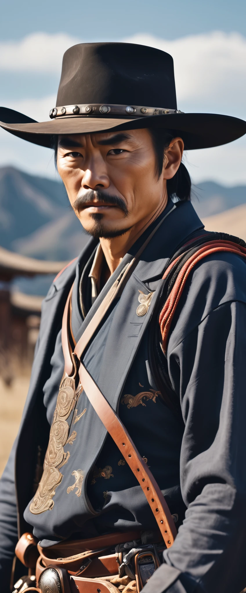 extremely detailed photo of a classic cowboy from wild west who is meet with japanese samurai,  8k uhd, RAW photography, model photoshoot, detailed 