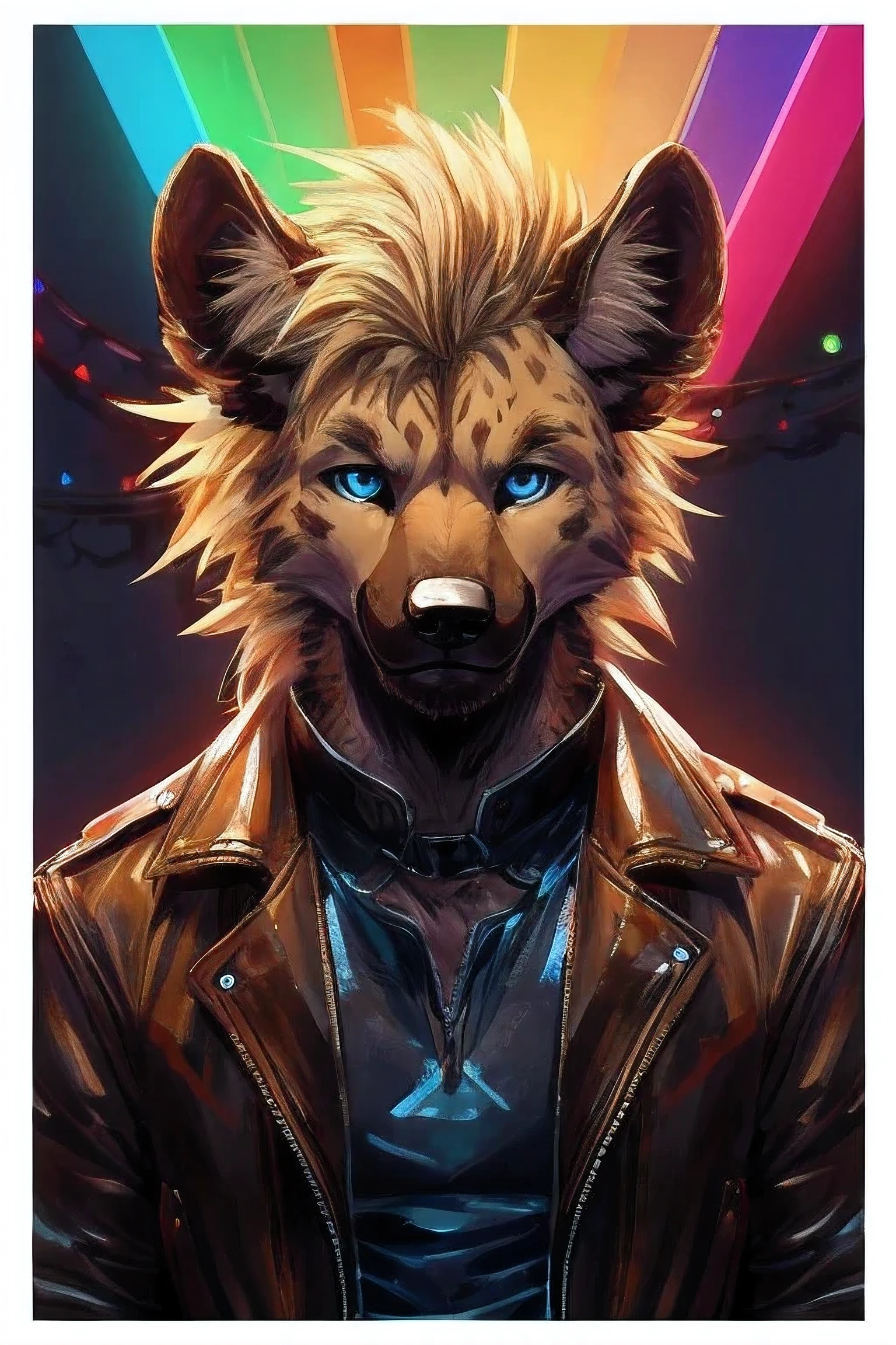 Tall male hyena, scruffy blond mane, thick yellow leather jacket, vibrant colours and lights, heavy build, blue eyes, good eyes