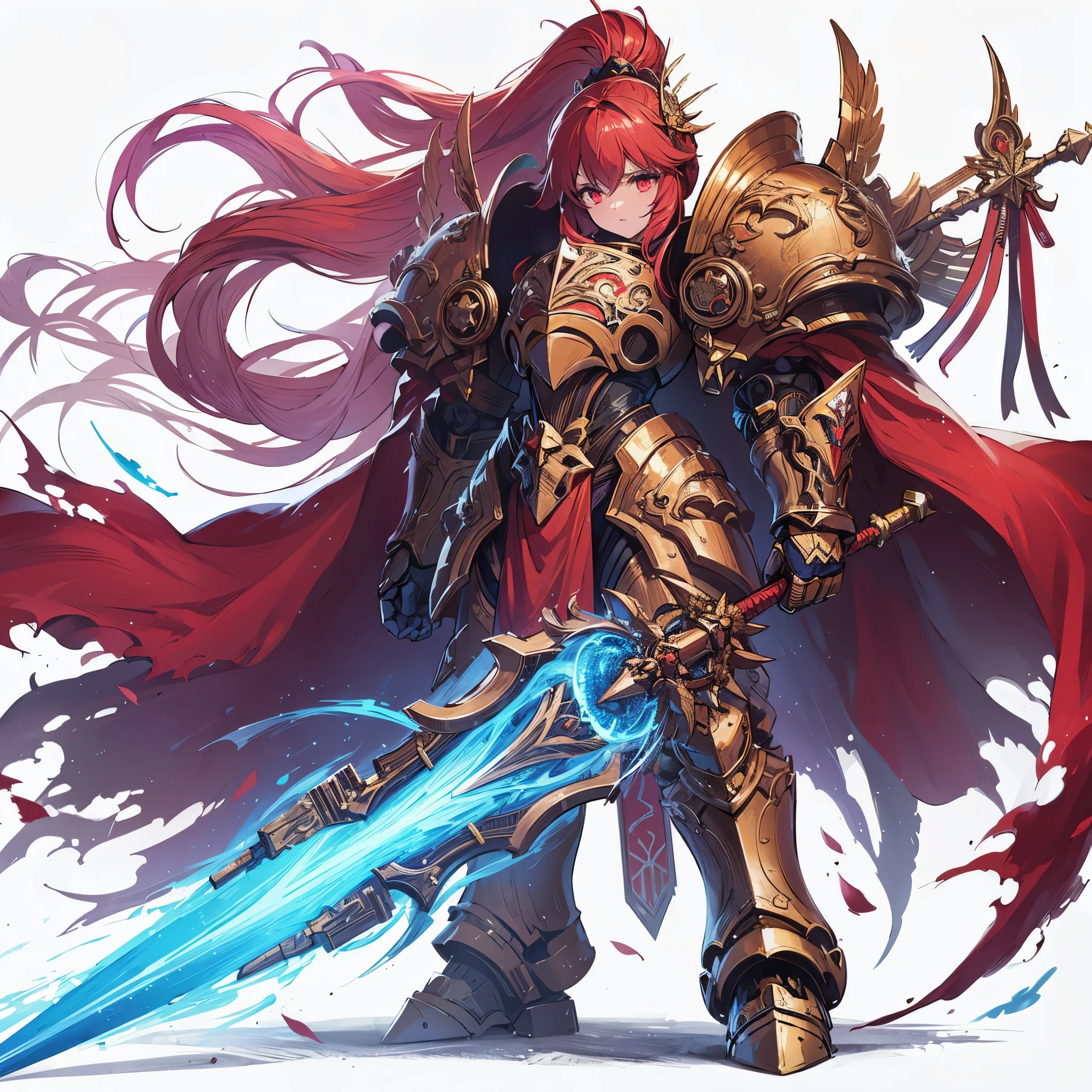 Masterpiece, best quality, ultra-detailed, anime style, solo, full body of custodes guard Girl, adeptus custodes, golden heavy power armor, raise up blue discharge luminescent huge sword, crimson cloak that flutters in the wind, red topknot hair, glowing red eyes, standing on battle ground, 8k high resolution, trending art station, white background, whole body,