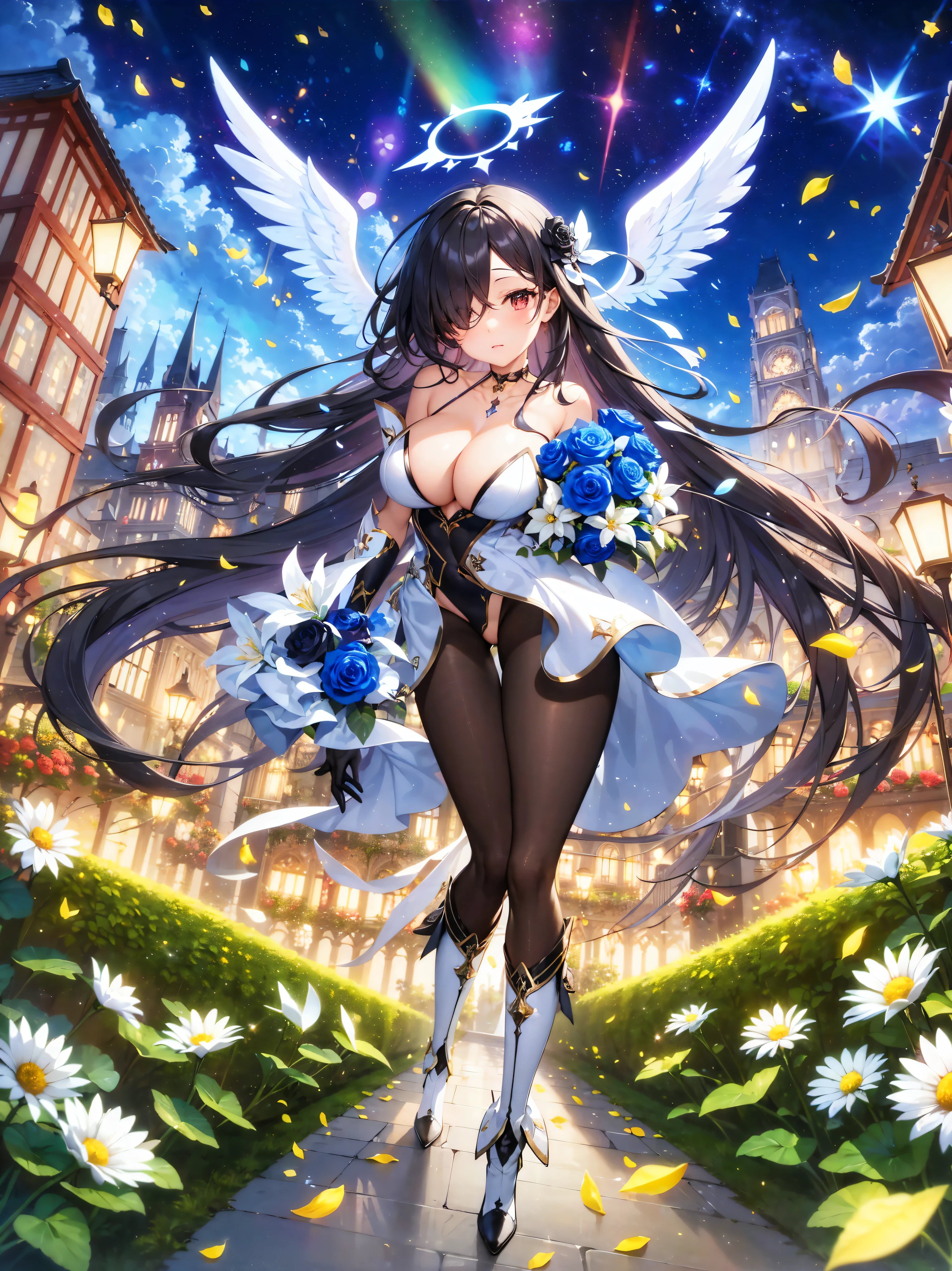 japanimation, Eroge, 35mm, Incredibly detailed and intricately realistic, full body character, adult, beautiful, woman, perfection, half page, 長いblack hair, black eye, Elegant leotard, flower in hair, detailed face, white skin, The mature features of a female Nordica, garden background, cover art, zoom out, choker, very detailed塗装, Luminousism, bar lighting, Complex, Concept art portrait in 4K resolution, very high level illustrations, 16k, very high level illustrations, absurd解決策, absurd, f1.4/50mm, an extremely beautiful girl, very detailedbeautiful顔と目, The appearance of nobility and dignity,soft and warm lighting, an beautiful detailed girl, (((masterpiece))), highest quality, very detailed, fantasy scene, fantasy composition, fantasy lighting, beautiful繊細なshine, {緻密でbeautiful目}, flower, white flower, looking at the viewer, chest, dress, hair ornaments, hair above one eye, long hair, odd eye, red eyes, yellow eyes, flowerびら, black flower, a Rose girl, blue Rose, flower束, cleavage, Fallen leaves, falling flowerびら, shine, gloves, high heels, leaves blowing in the wind, flowerびら on liquid, Rose, Rose flowerびら, Debris, shine, Thighhighs, black hair, butterfly, daisy, flower (symbol), lily (flower), lily pad, lotus, medium chest, Crystal of snow, star (symbol), very long hair, white butterfly, white Rose, a flower girl, feather, white legwear, black Rose, belly button, 片wing, Angel, Angel wing, asymmetrical wing, black wing, cross, feathered wing, Hello, heterochromia iris, multiple wing, spread wing, wing, jewelry, girl, aurora, star座, Milky Way, gauntlet, particles of light, milky way, night, night null, shooting star, null, starry null, starry null print, boots, leotard, a full body girl, floating hair, extreme arm, gray hair, panties, a groin girl, bird wing, black feather, harpy, wingのある腕, city lights, cloud, abdomen, black deerls, blush, feather trim, head wing, large wing, multicolored wing, deer