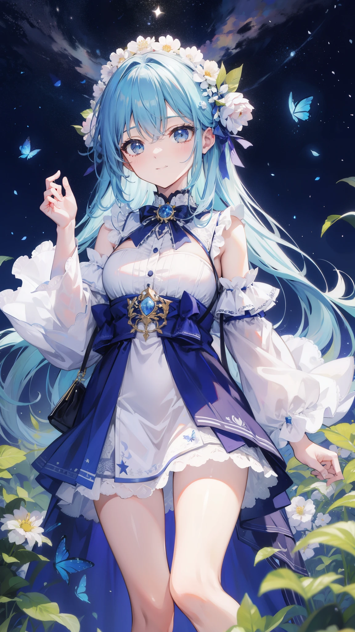 32k, highest quality, expensive_solve, clear_image, detailed background, girl, flower, garden, starry sky, Beautiful modeling, smile, lots of butterflies々,