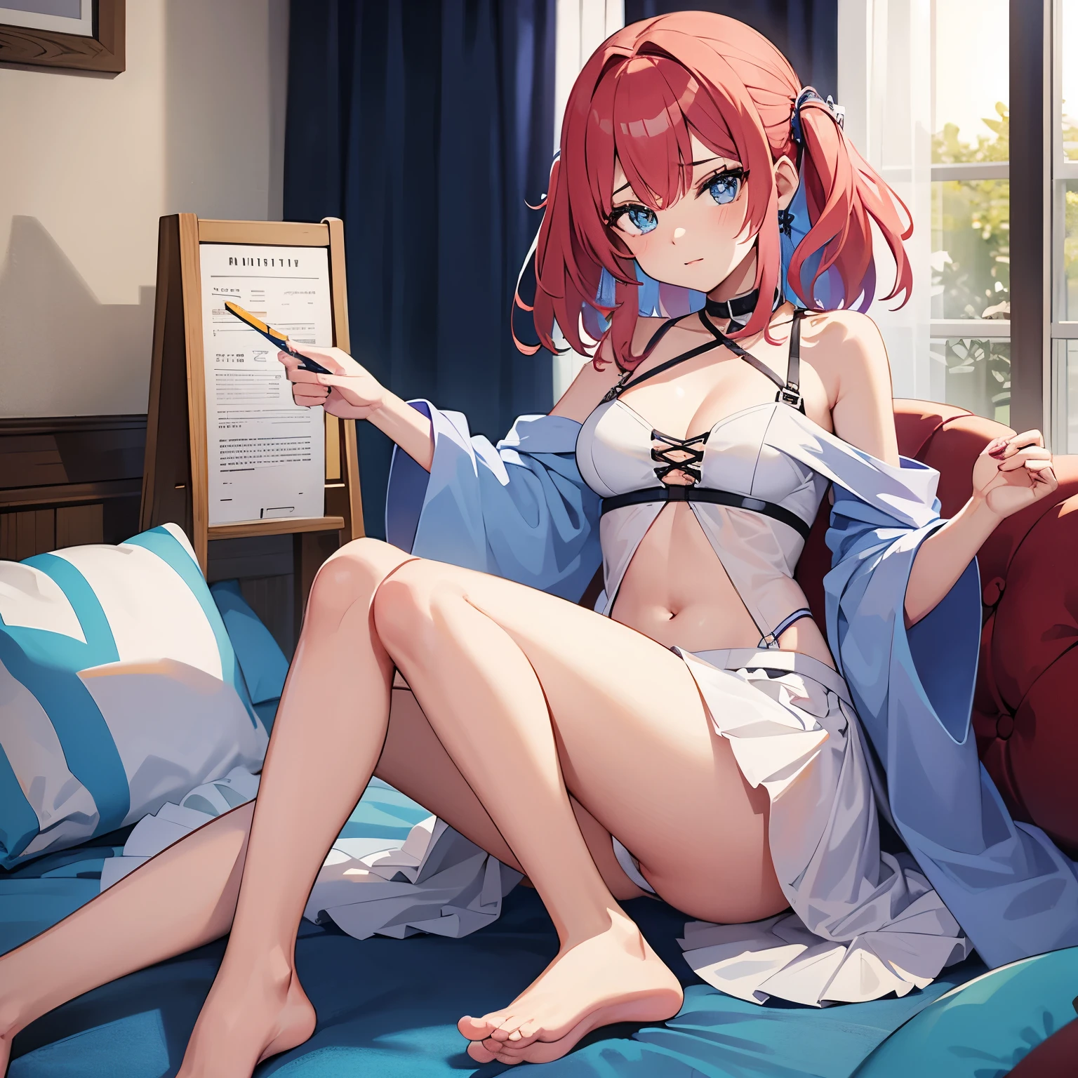 Garota de anime com , longos cabelos pretos e olhos vermelhos. Ela tem um corpo sensual e usa um vestido branco simples