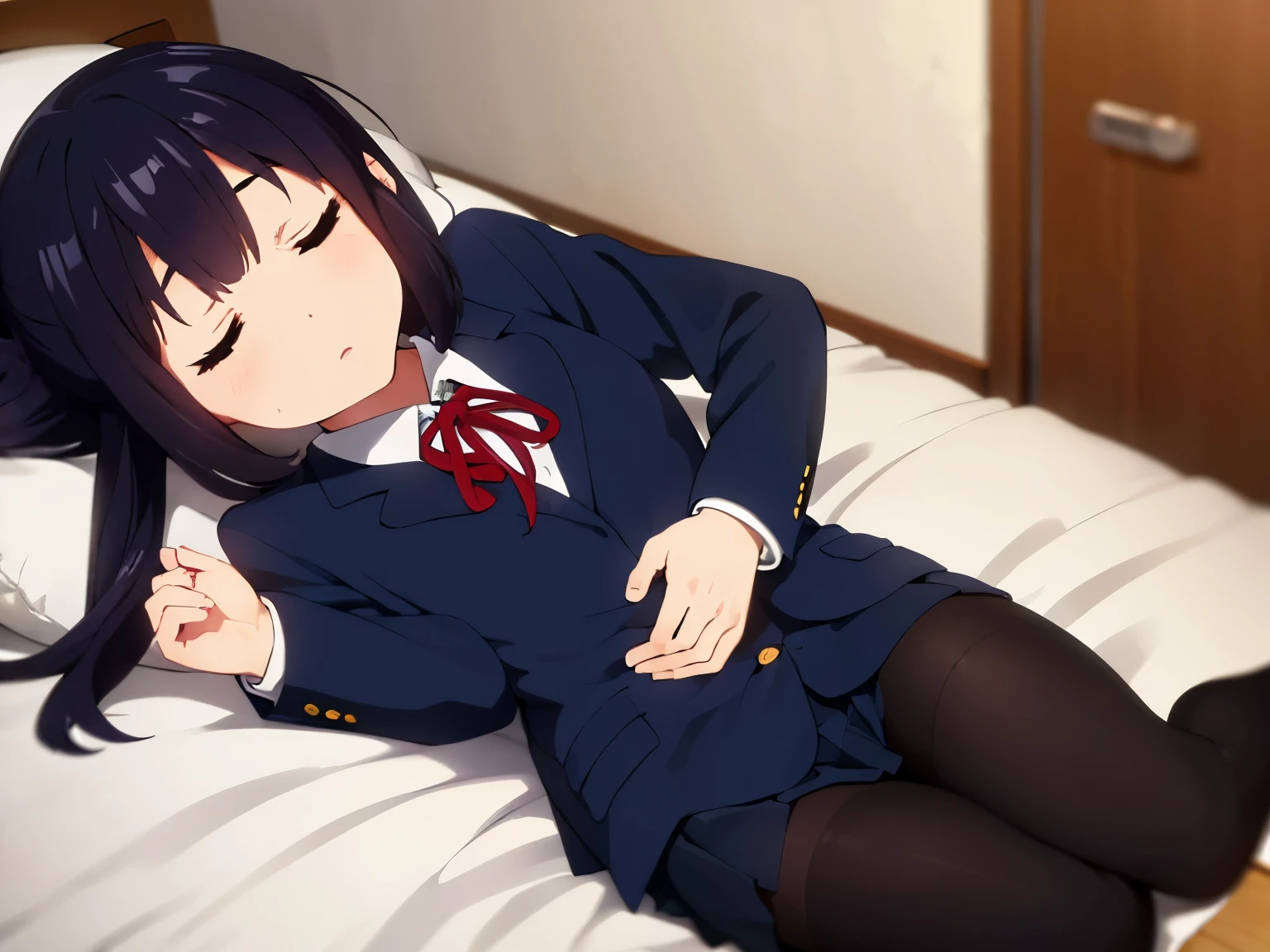 1girl, (((masterpiece))),(((full body))), wallpaper HD, top-quality, top-quality, High Details, nakano azusa, 1girl, Sakuragaoka High School Uniform, student clothes, Twin-tailed, length hair, A dark-haired, brown-eyed, solo, reddish, Dark blue blazer with thin red ribbon, Solid white buttoned shirt under blazer, sleep on the bed, (((fell asleep on the bed))), illustratio, comic strip, soothing tones, Subdued Color, Soft cinematic light, adobe lightroom, photolab, HDR, intricately and hyper-detailed、(((depth of fields))))。(((masterpiece)))。(((top-quality))).)((ultra-detailliert)))。(((illustratio)))。(((takeout))).dynamic focus.big breasts.(((home))).(((A bedroom))).(((sleeping face))).(((up chest))).((Evening)).