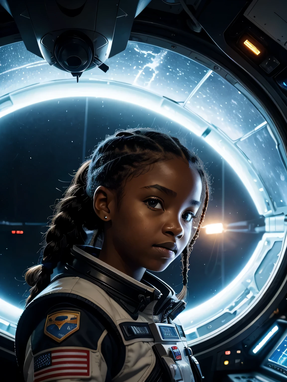 An 8K high-resolution illustration of the interior of a brightly lit space station control room. A young black girl (around 10-) stands transfixed in front of a massive viewport window, her braids and faded haircut meticulously detailed. remaining age-appropriate. Through the window, a fierce spaceship war rages in the vastness of space. Explosions illuminate the darkness as spaceships fire lasers, and debris floats amidst the chaos. The girl's expression is one of fear and awe, her eyes wide and her body tense. Render the scene with dramatic lighting, emphasizing the contrast between the space station interior and the intense battle outside. Capture the vulnerability and emotion in the girl's eyes despite the advanced technology surrounding her. The year 3026 with no country flag on it. a future logo is on the suit. space station is more high tech