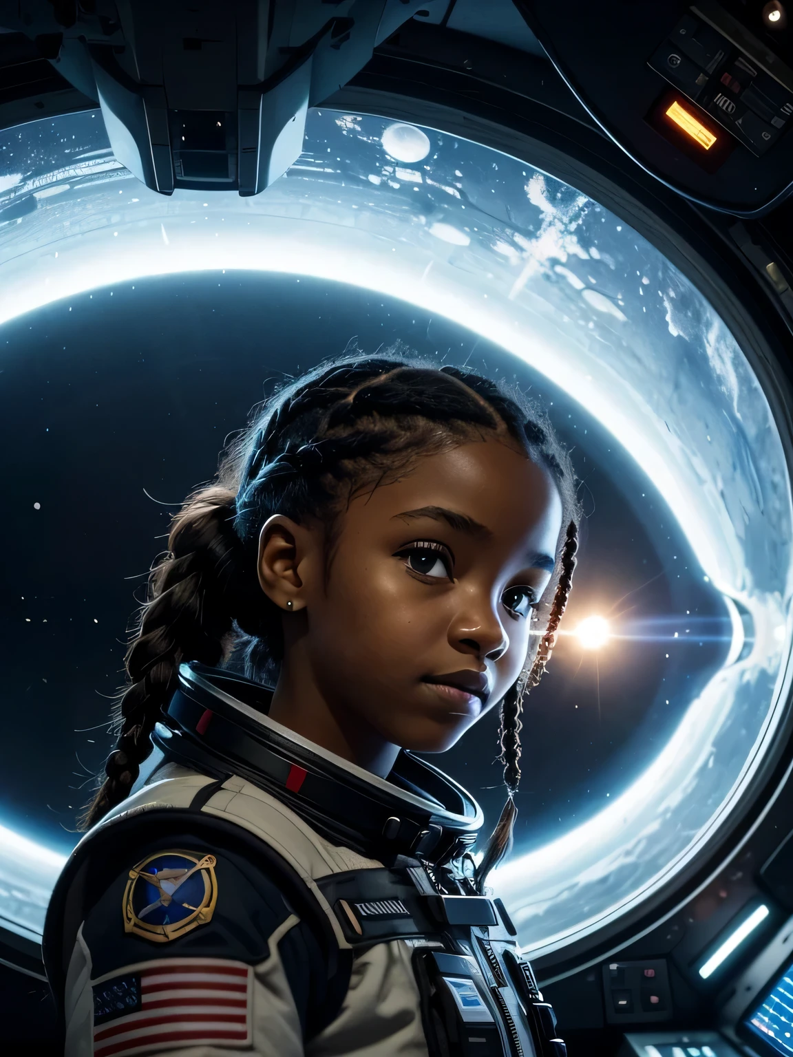 An 8K high-resolution illustration of the interior of a brightly lit space station control room. A young black girl (around -12stands transfixed in front of a massive viewport window, her braids and faded haircut meticulously detailed. remaining age-appropriate. Through the window, a fierce spaceship war rages in the vastness of space. Explosions illuminate the darkness as spaceships fire lasers, and debris floats amidst the chaos. The girl's expression is one of fear and awe, her eyes wide and her body tense. Render the scene with dramatic lighting, emphasizing the contrast between the space station interior and the intense battle outside. Capture the vulnerability and emotion in the girl's eyes despite the advanced technology surrounding her. The year 3026 with no country flag on it. a future logo is on the suit. space station is more high tech